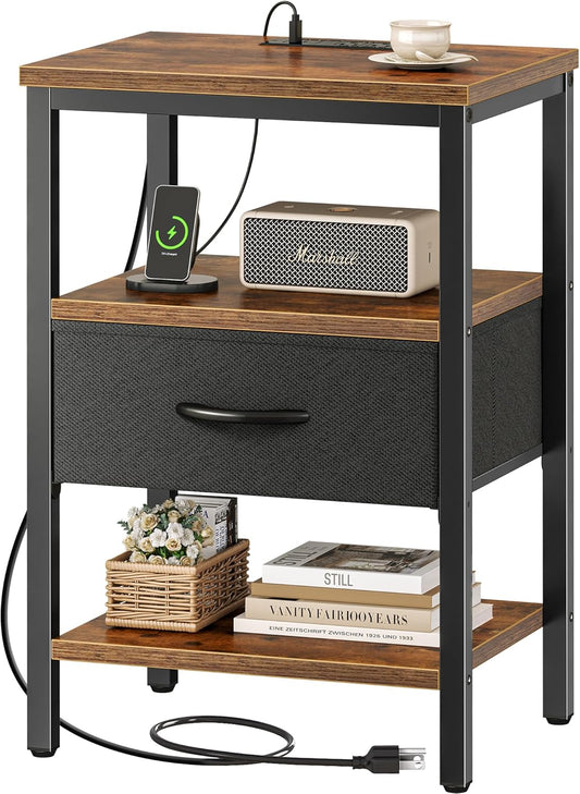 SUPERJARE Nightstand with Charging Station, Bed Side Table with Adjust