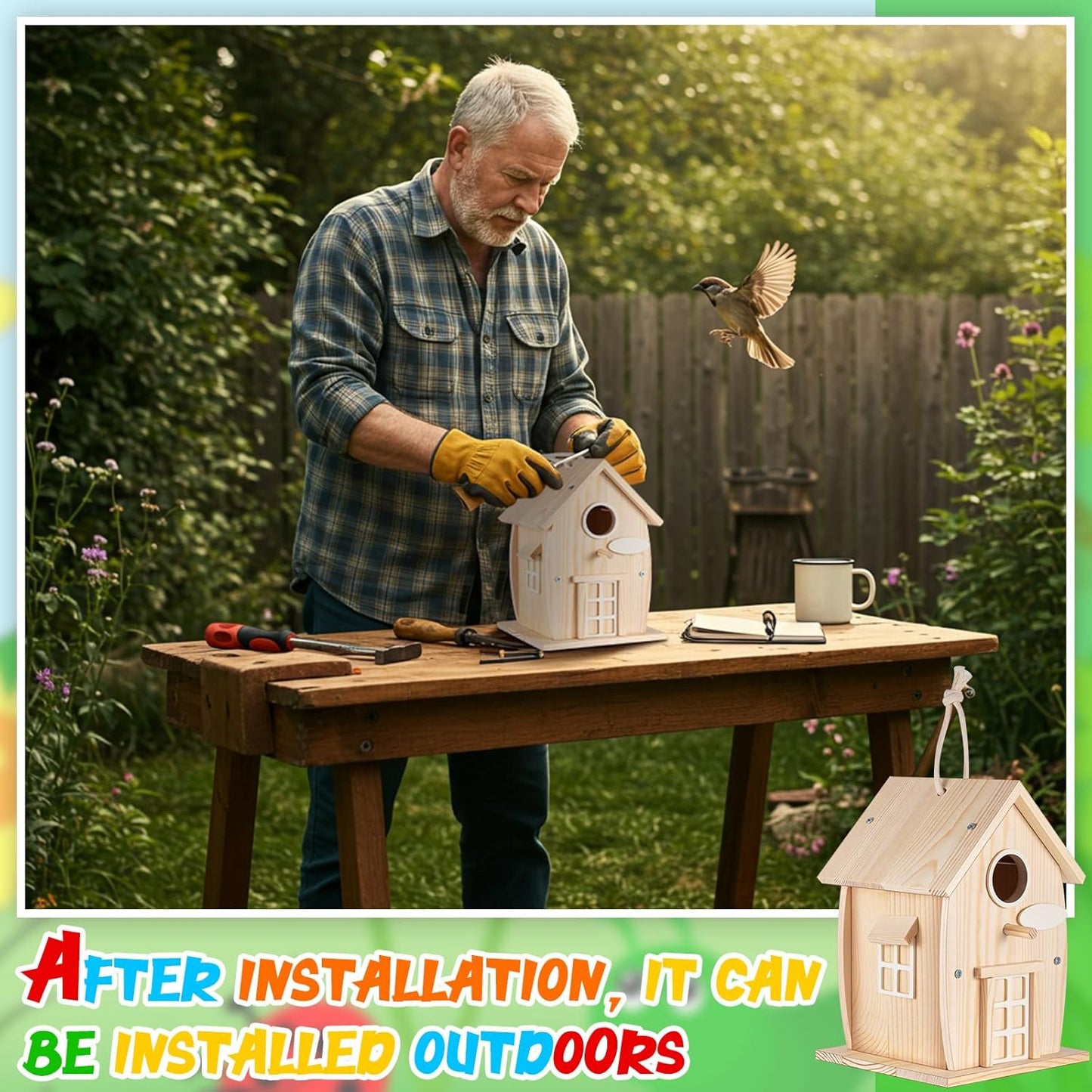 Liliful 2 Pack Wooden Bird House Kits, Build It Yourself Woodworking Kit for Adult Kids 4-8, 8-12 with Paint and Paintbrushes, Solid Weather Proof Natural Pine Wood, Pre Drilled (Rural Style)