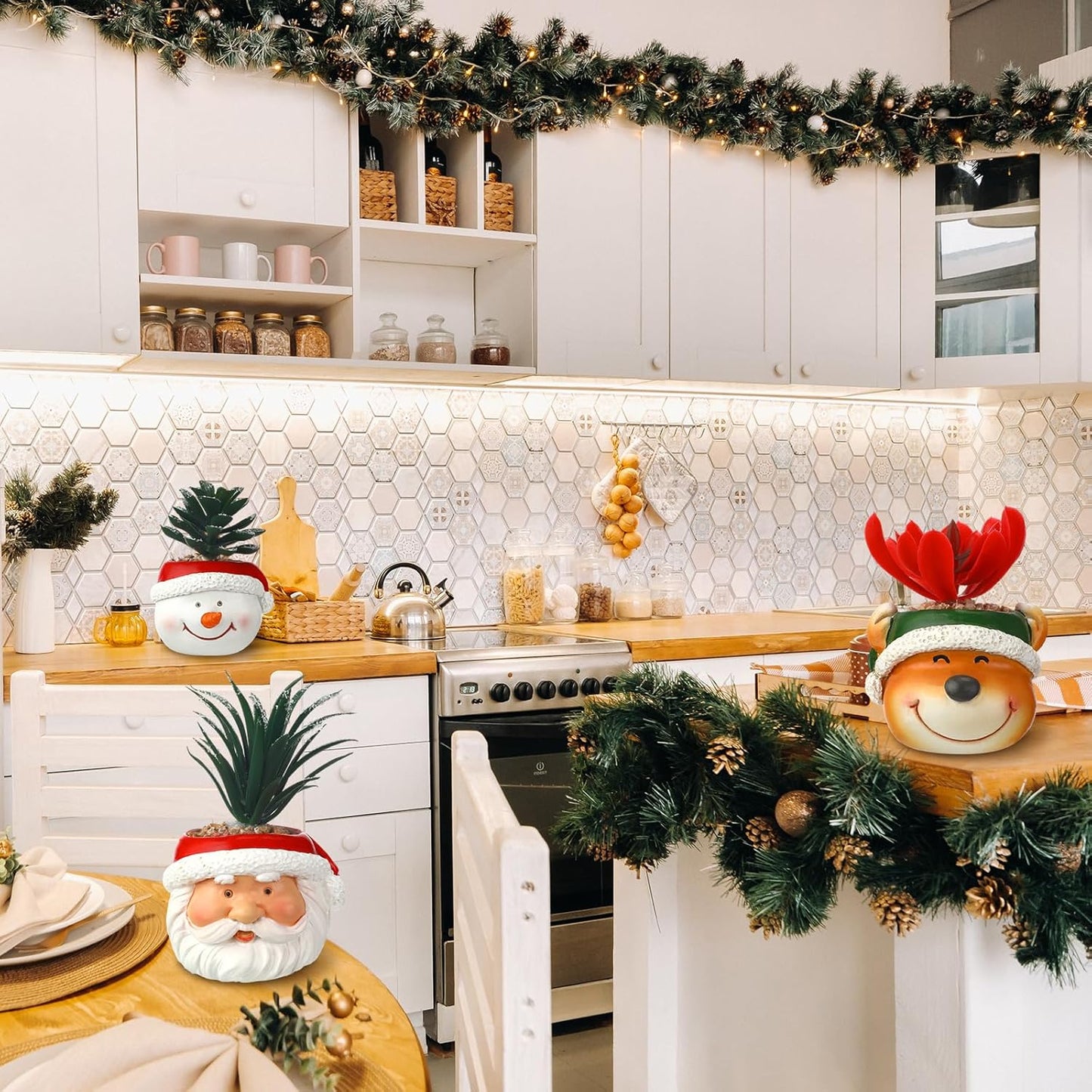 3 Pcs Christmas Artificial Succulent Plants in Pots Resin Mini Fake Flower Planter Santa Reindeer Snowman 4.5 Inch Small Faux Pot Plants Christmas Decorations for Home Indoor Decor