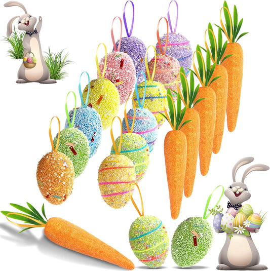 18PCS Easter Egg Ornaments and Carrot Hanging Ornaments Colorful Foam Hanging Egg Ornaments Foam Glitter Artificial Carrots Easter Tree Decorations Home Party DIY Crafts