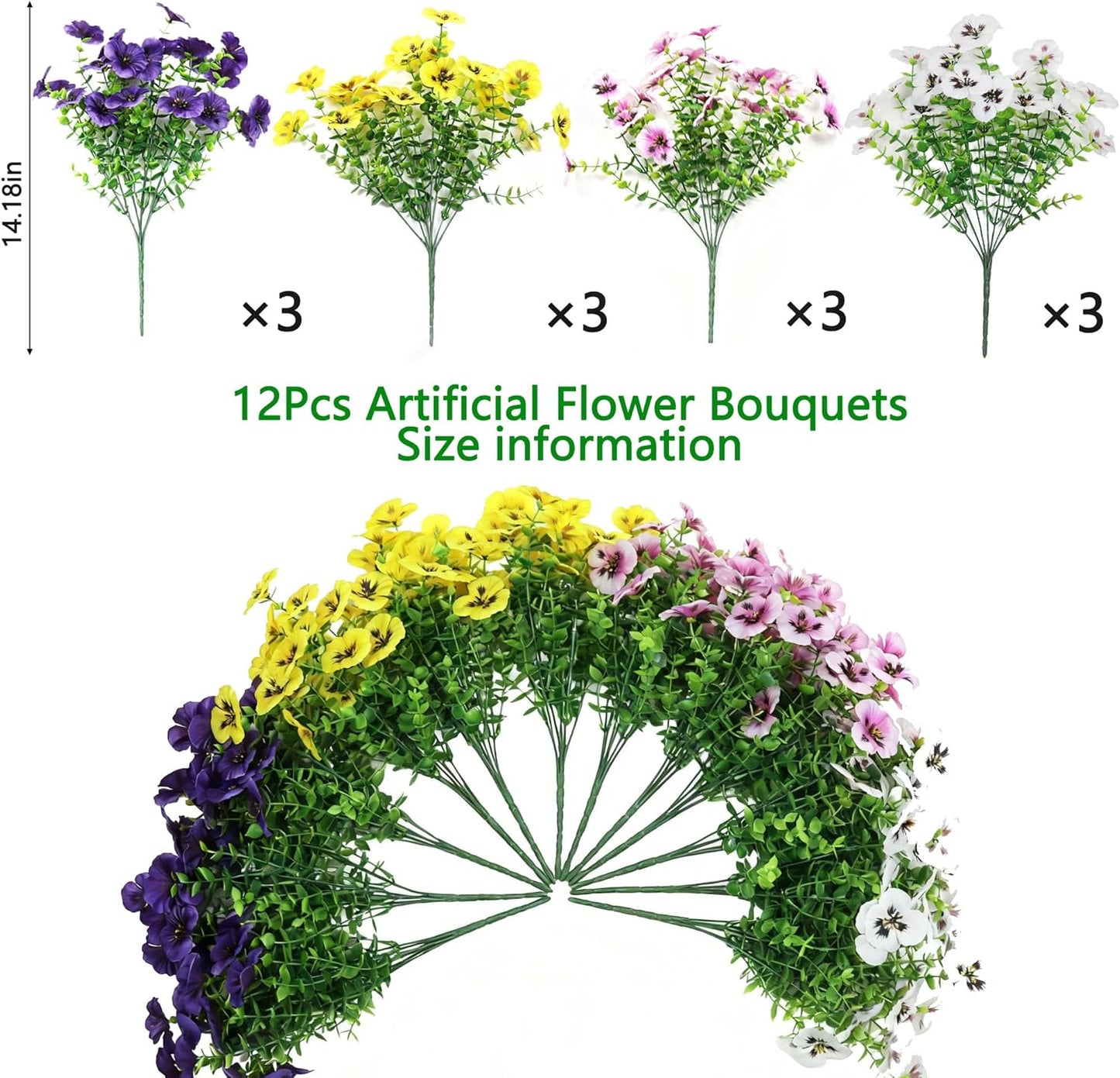 Artificial Fake Pansy Flowers for Outdoor, UV Resistant Faux Silk Pansies Spring Flowers, for Planter Front Door Porch Yard Patio Window Box Home Decor 12 Bundles (Yellow Purple White Pink)