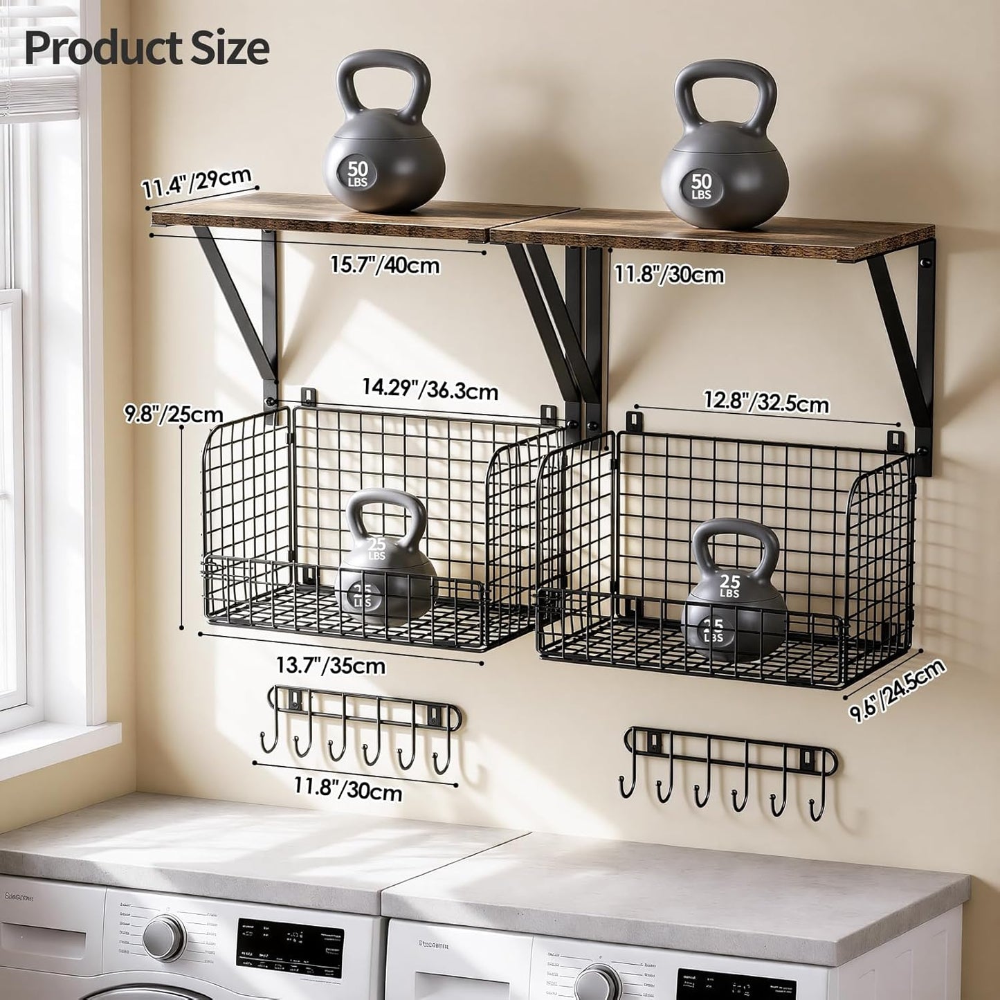Housolution Garage Shelving Wall Mounted, Heavy-Duty Garage Wall Shelving with Baskets & Hooks Supports up to 154 LBS in Total, Tool Storage Organizer for Home, Garden, Kitchen, Laundry Room