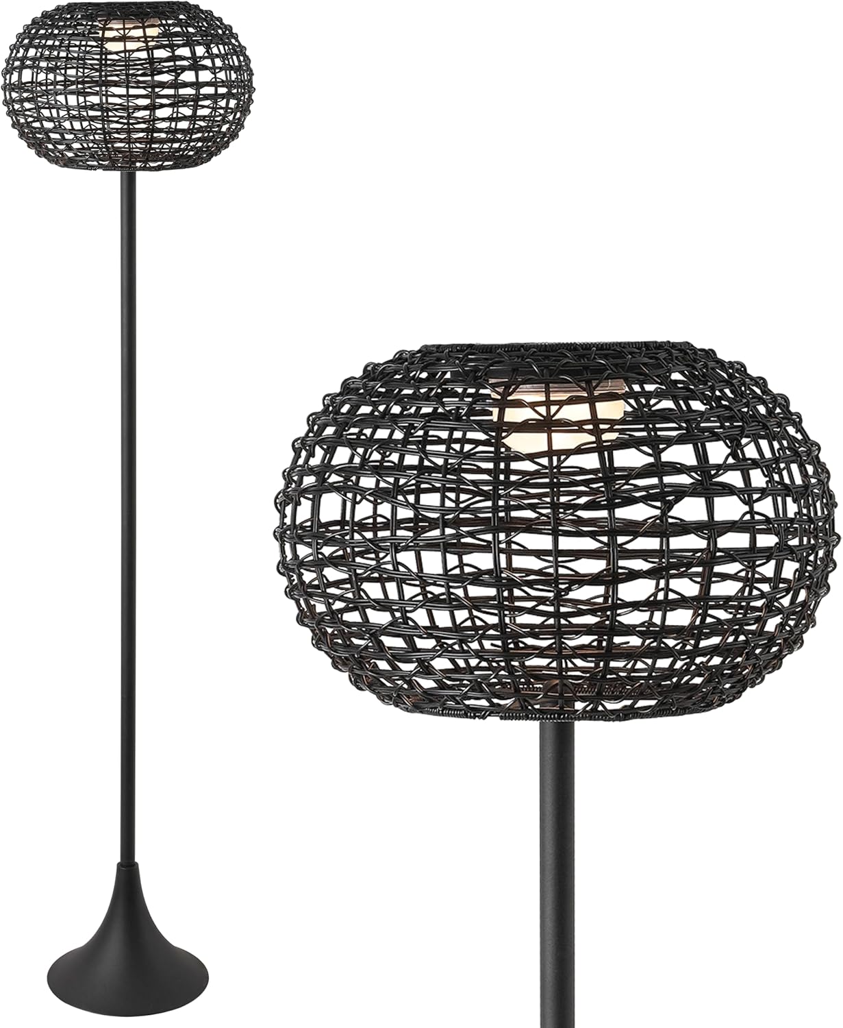 JONATHAN Y 58" Black Modern Outdoor Solar Floor Lamp, Waterproof LED Standing Light for Patio, Deck, Porch, Faux Rattan Shade, USB-C Rechargeable, Coastal Decor JYL2601A