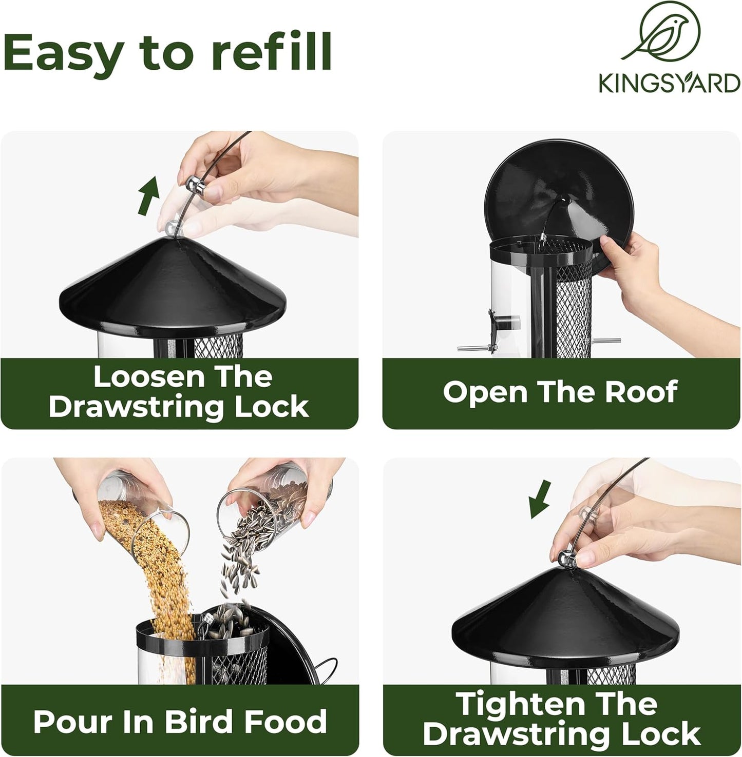 Kingsyard Metal Bird Feeder for Outdoor Hanging - Weather Resistant Chew-Proof Wild Bird Feeder with Dual Chamber of 4 lbs Capacity for Mixed Seeds, Black
