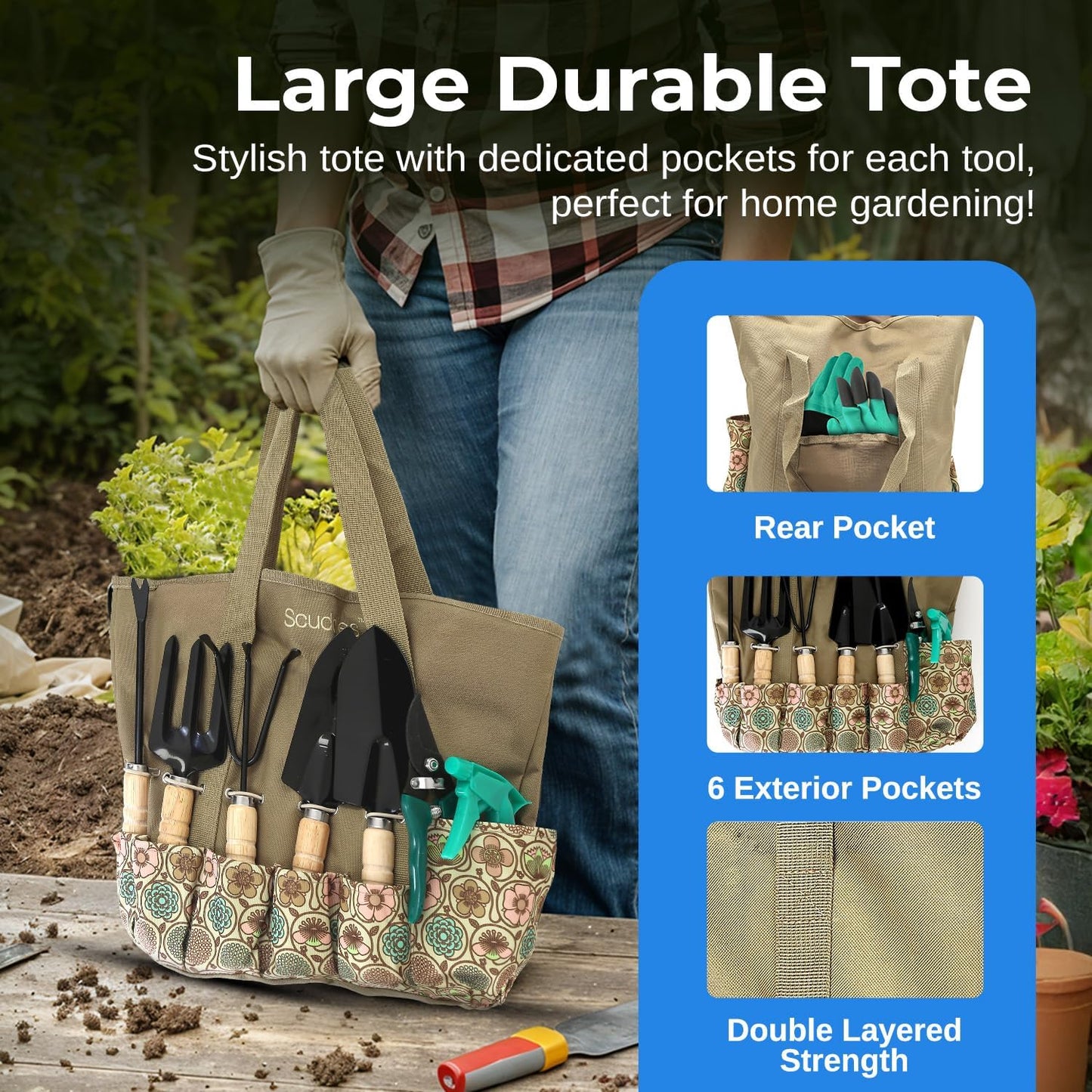 Scuddles All-in-One Gardening Tool Set with Large Storage Tote – Durable, Rust-Resistant Hand Tools with Ergonomic Grip for Digging, Weeding & Planting – Ideal Garden Gift for Women, Men & Beginners