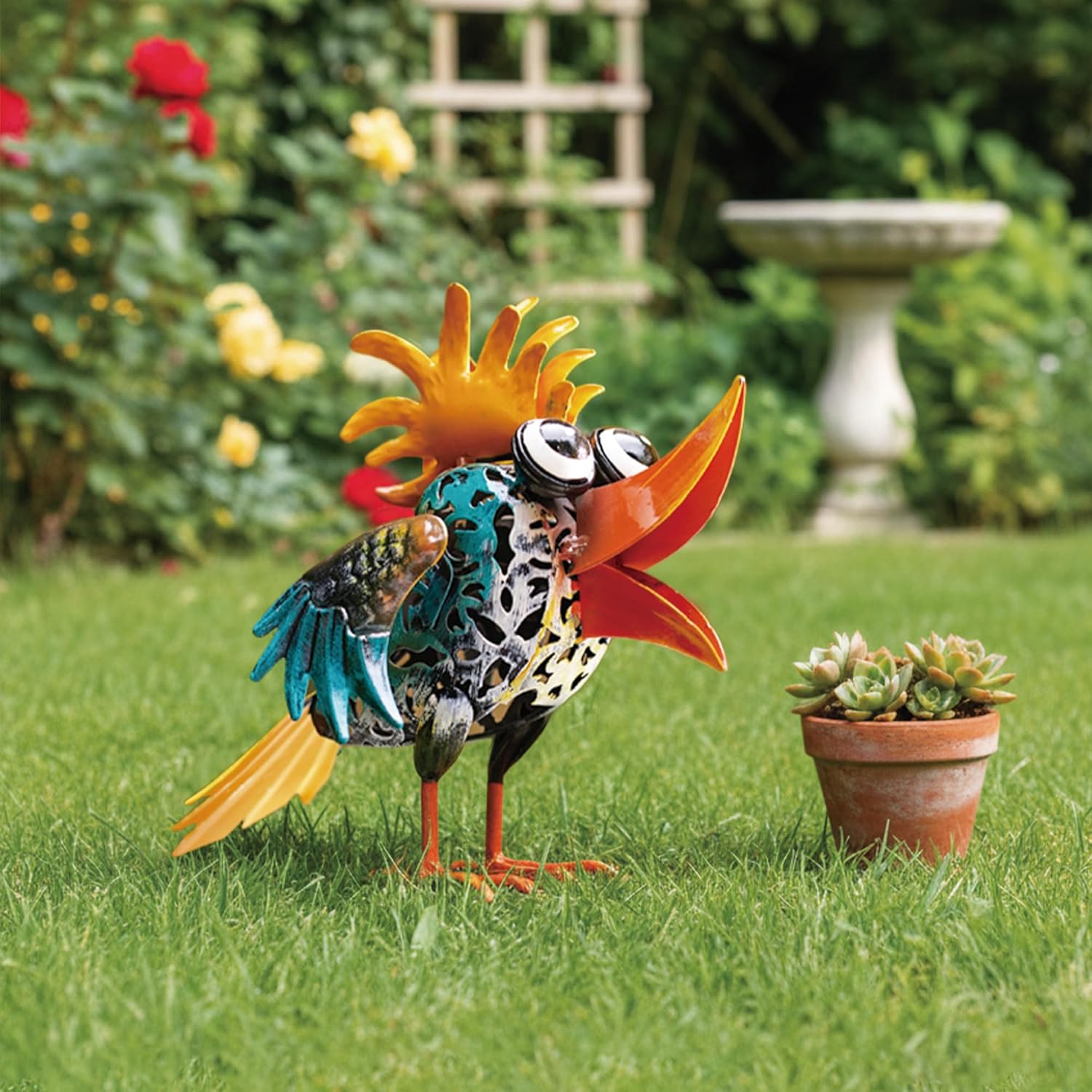 Bird Sculpture Yard Decor - Funny Open Mouth Big Eyes Metal Birds Stat