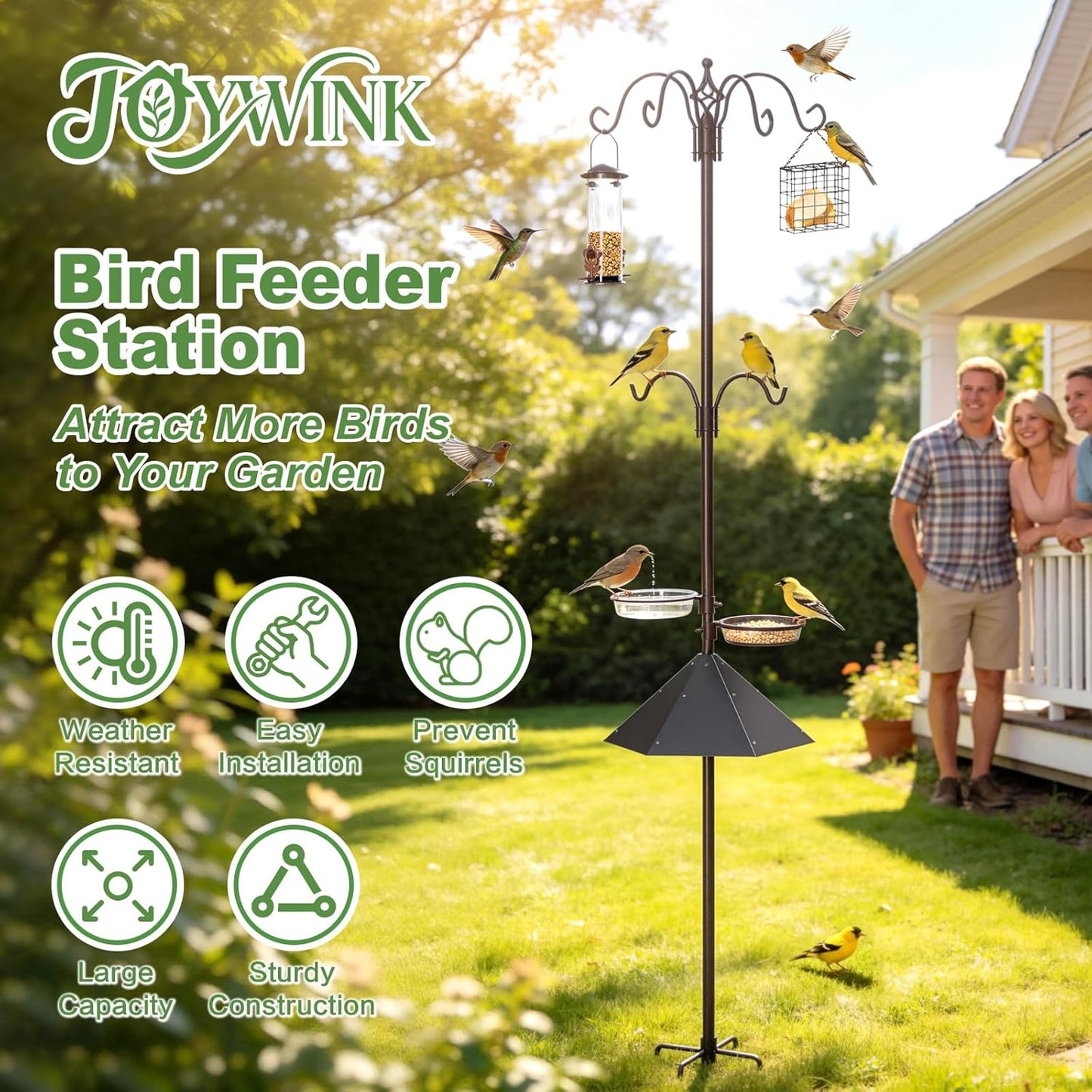 94" Bird Feeding Station Kit with Metal Squirrel Baffle, Heavy Duty Metal Bird Feeding Station with Seed Tray＆Mesh Basket, Easy Assembly Ground Mounted Bird Feeder Pole for Garden Yard Outdoor