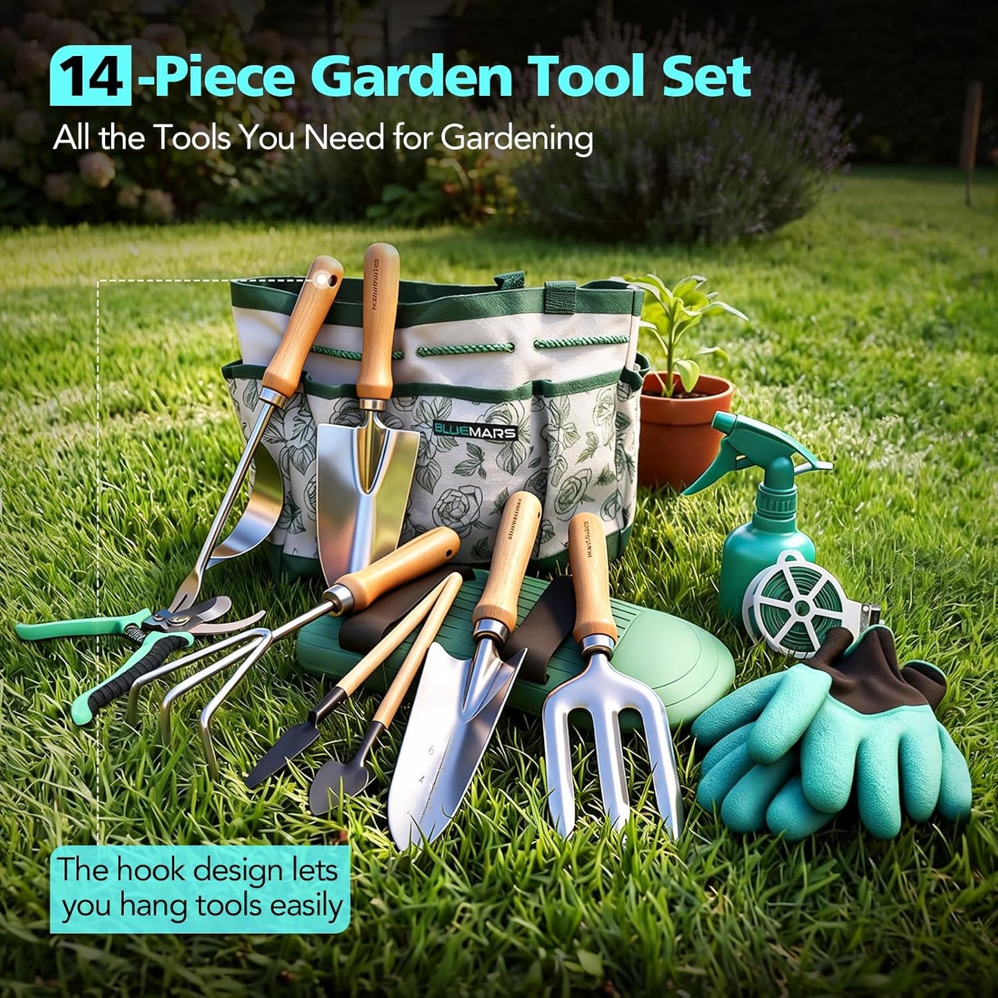 Bluemars Gardening Hand Tool Kit 14PCS Heavy Duty Stainless Steel Gard