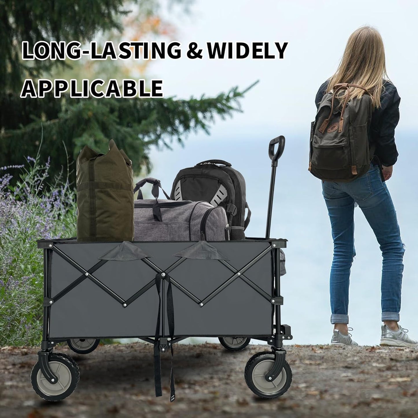 Outdoor Steel Wagon Cart Garden Wagon with Adjustable Handles 2 Cup Holders Wheels 220LBS Large Loading Capacity Collapsible