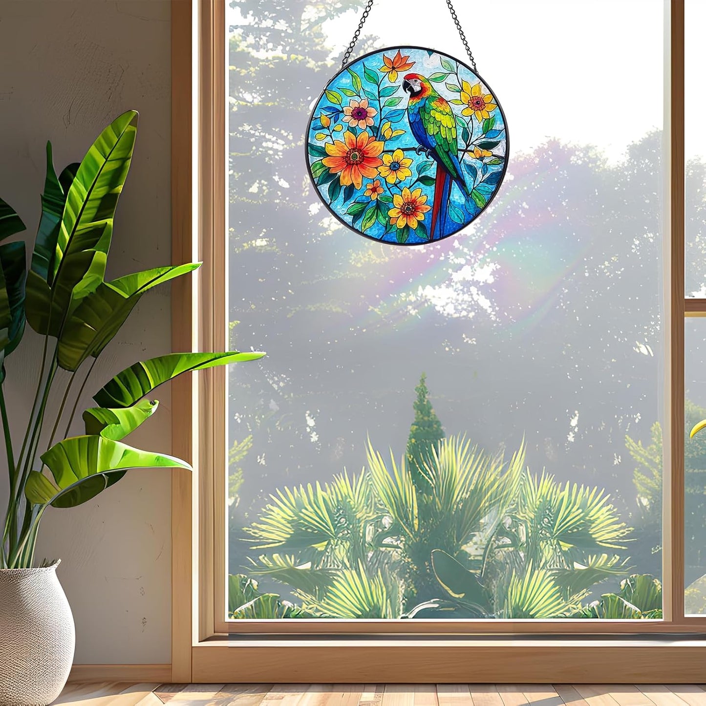 Parrot Sun Catcher Stained Glass Window Hanging, 7.8" Suncatcher Glass Panel Window Decoration, Nature Lover Gift for Women, Wall Garden Art Decor, Gift for Birthday Christmas & Holidays