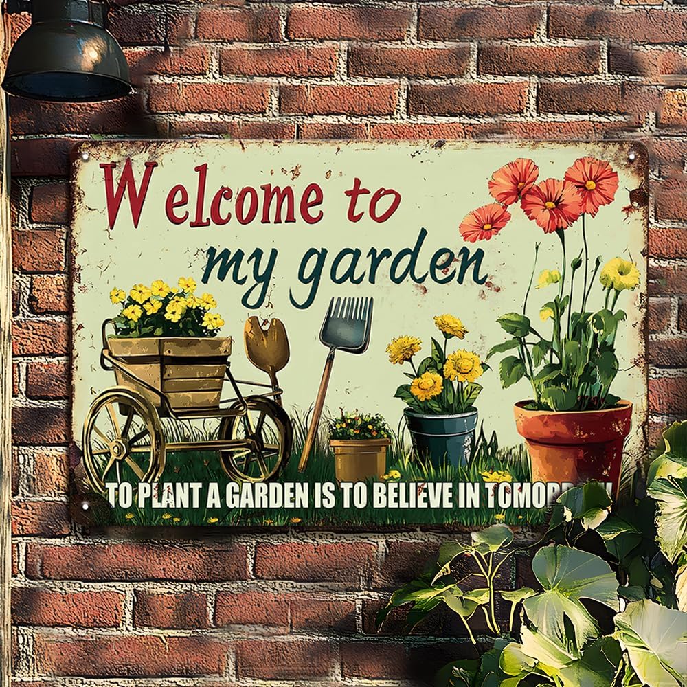 Welcome to My Garden Tin Sign Vintage Metal Sign Flowers and Tools Gardening Gifts Decorations for Home Greenhouse Living Room Bedroom Yard Backyard Outdoor Decor 8X12 Inch