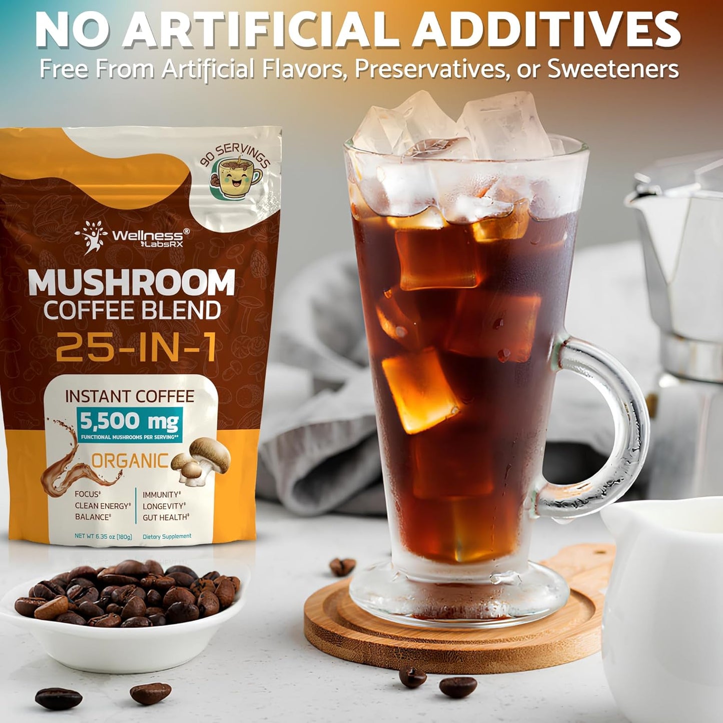 Mushroom Coffee Organic Instant Coffee, 25-in-1, Third-Party Tested Ke