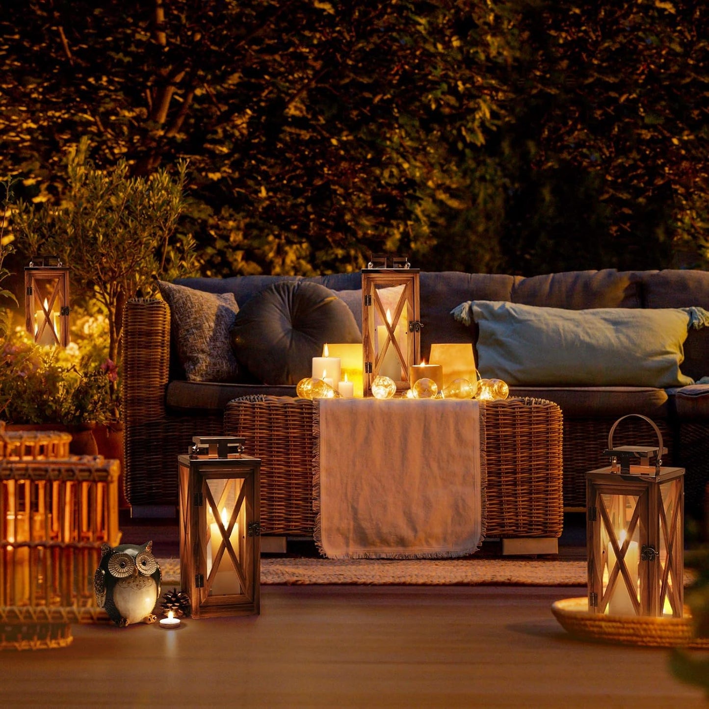 Wooden Candle Lantern Decorative Set of 2, Patio Decor with Stainless 