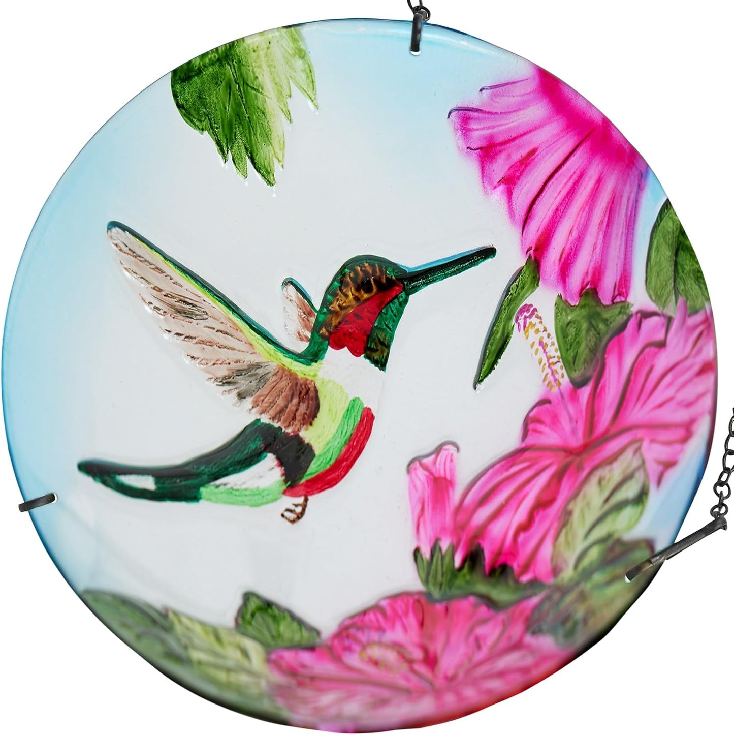Alpine Corporation KBD150 Outdoor Hanging Glass Bird Feeder and Birdbath, Floral and Hummingbird Design with Chain, 10" W, Red/Green