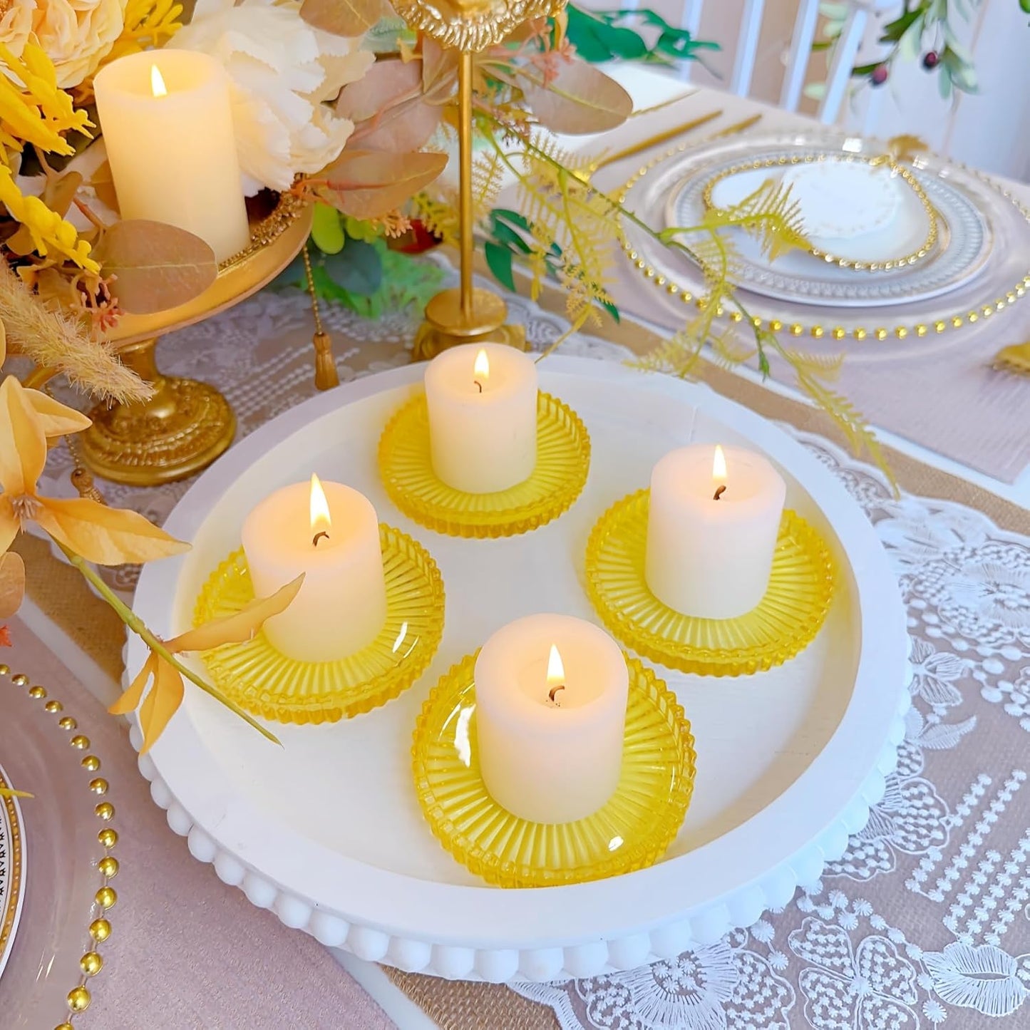 3.8 Inch Yellow Glass Pillar Candle Holder Plates Set of 2 Coaster Holder Round Candle Stand for Table Centerpieces, Wedding,Party,and Home Decor