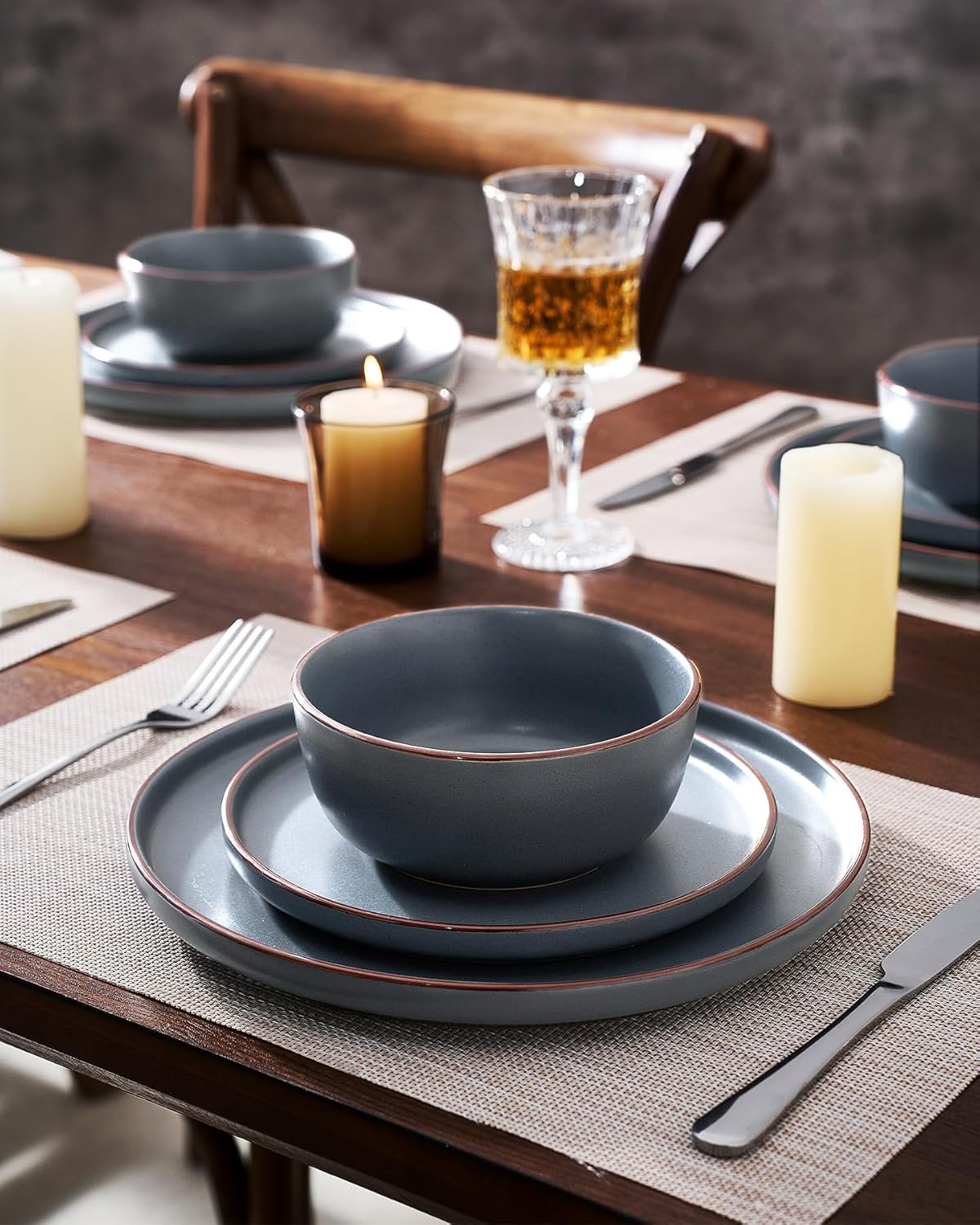 Famiware Mercury Plates and Bowls Sets, 12 Pieces Stoneware Dinnerware