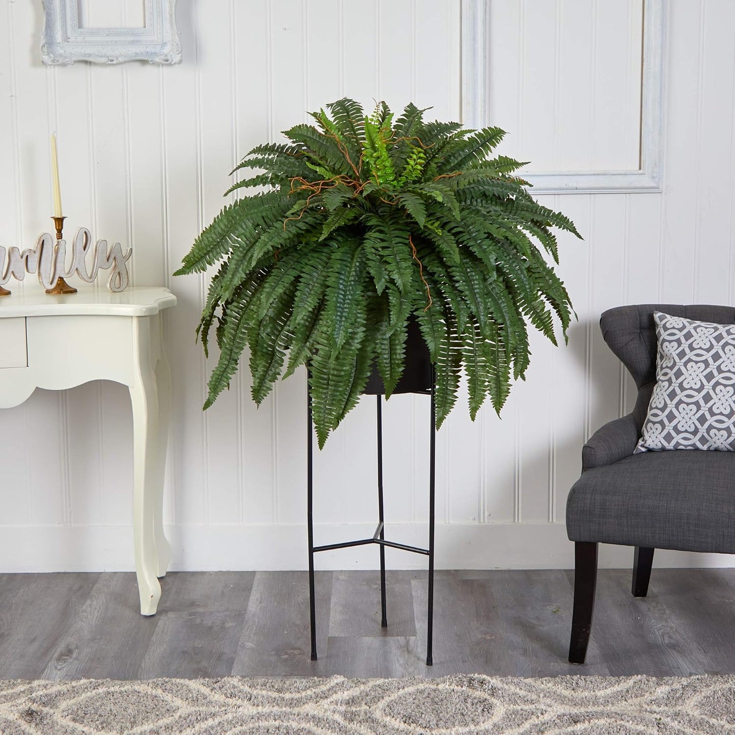 Nearly Natural 51in. Boston Fern Artificial Plant in Black Planter with Stand