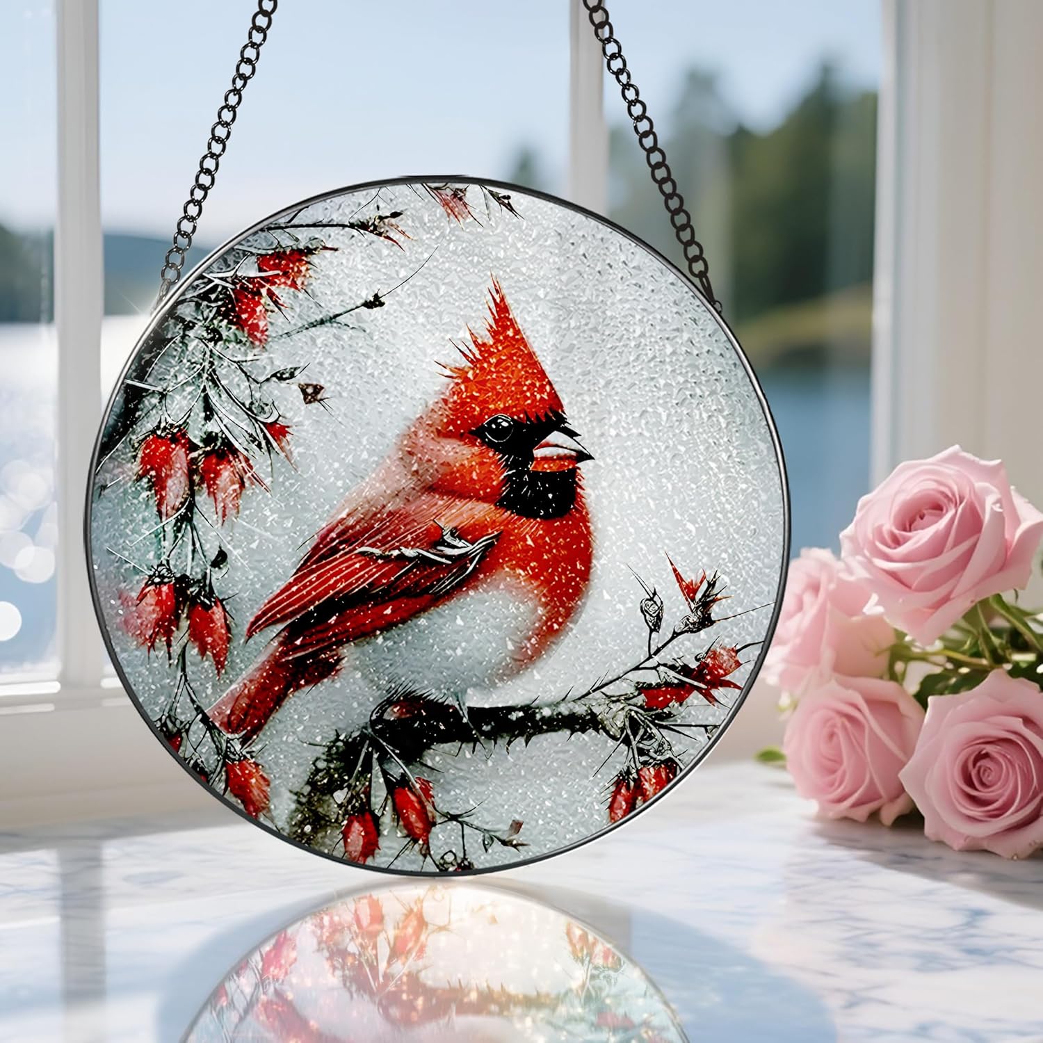 Stained Glass Window Hanging, DOUHASU 8 Inch Cardinal Stained Glass Su