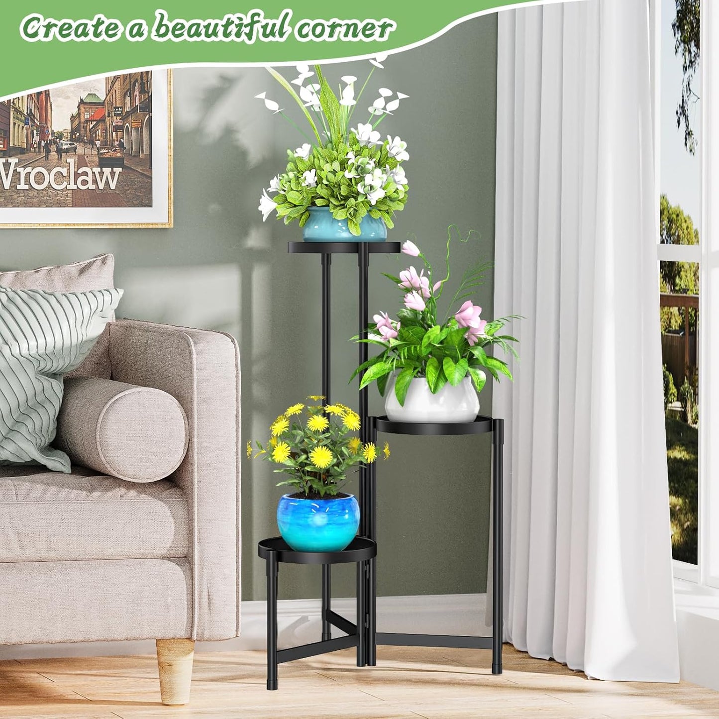 MOKANI Metal Plant Stand Indoor Outdoor for Multiple Plants, 3 Tiered 