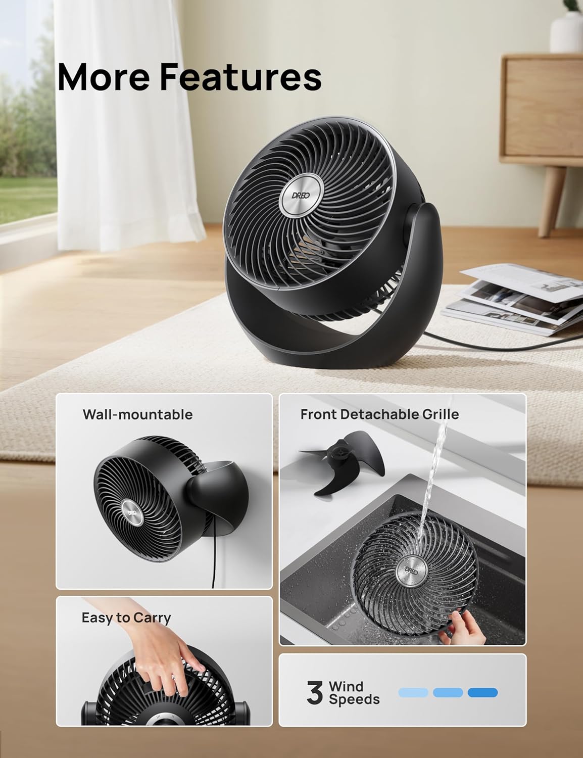Dreo Fan for Bedroom, Table Air Circulator for Whole Room, 11 Inch, 40ft Strong Airflow, 120° adjustable tilt, 28db Low Noise, Quiet, 3 Speeds, 2025 New Desk Fan for Office, Kitchen, Home