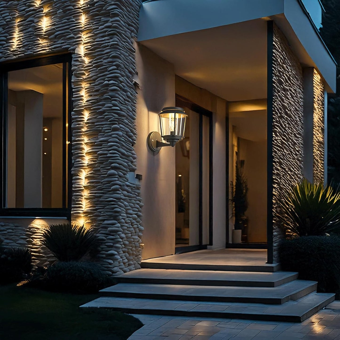 Solar Outdoor Wall Sconce Light, IP65 Waterproof Exterior Wall Lantern, Black LED Stainless Steel Wall Lamp with Clear PC Shade, Vintage Wall Mounted Fixture for Porch, Patio, Entryway