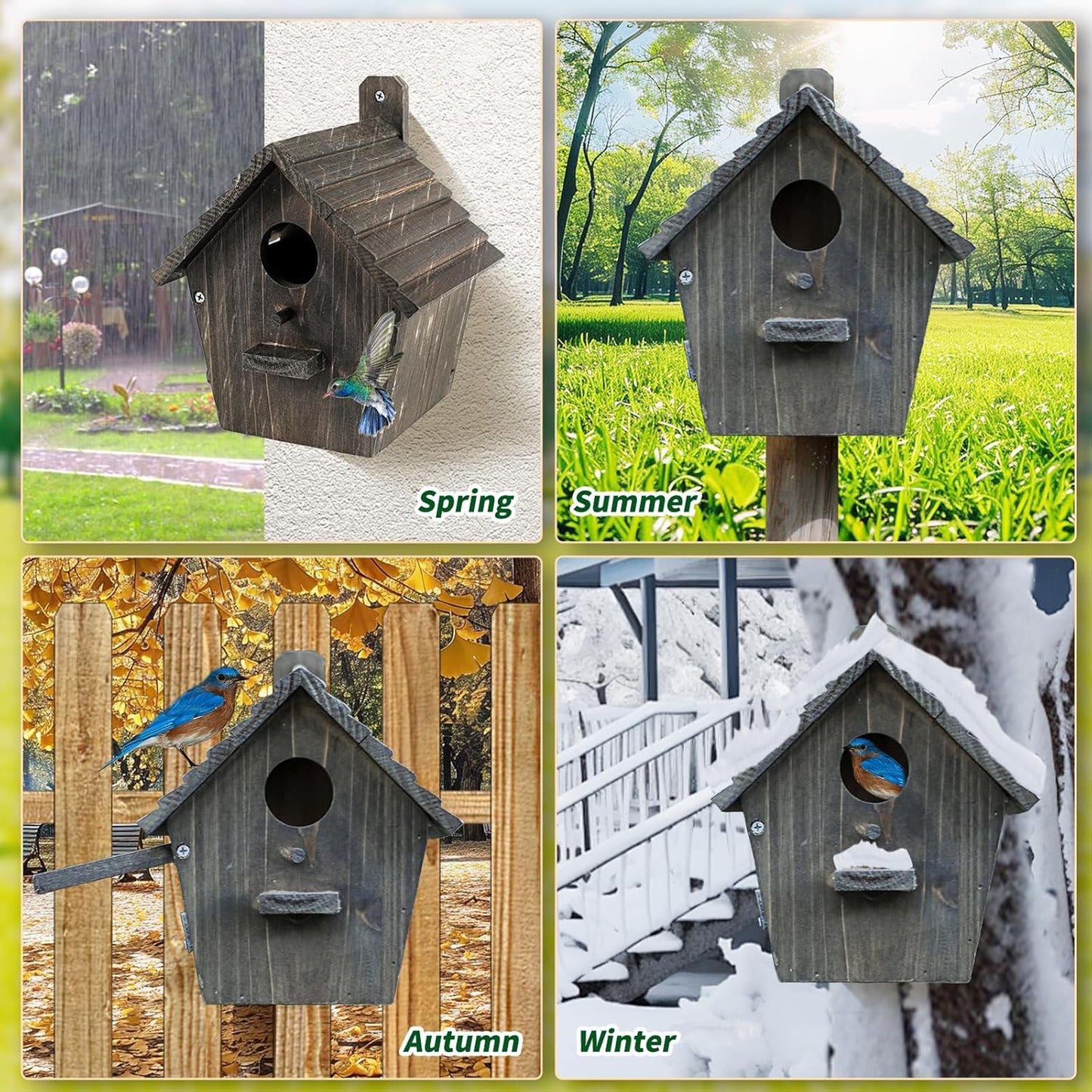 Outdoor Wooden Bird House - Weather-Resistant Hanging Garden Birdhouse Attracts Finches, Bluebirds, and Cardinals - Black Easy-Clean Birdhouse