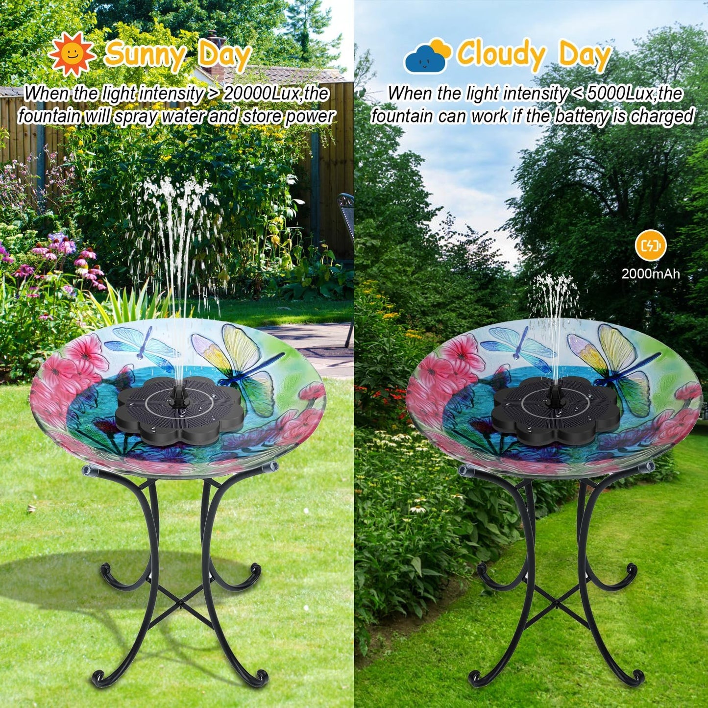 3.5W Solar Fountain with 2000mAh Battery - Work On Cloudy Day- Upgrade Lucky Flower Glass Panel Solar Bird Bath Fountains, Hummingbird Water Fountain Pumps for Birdbath, Pool, and Pond