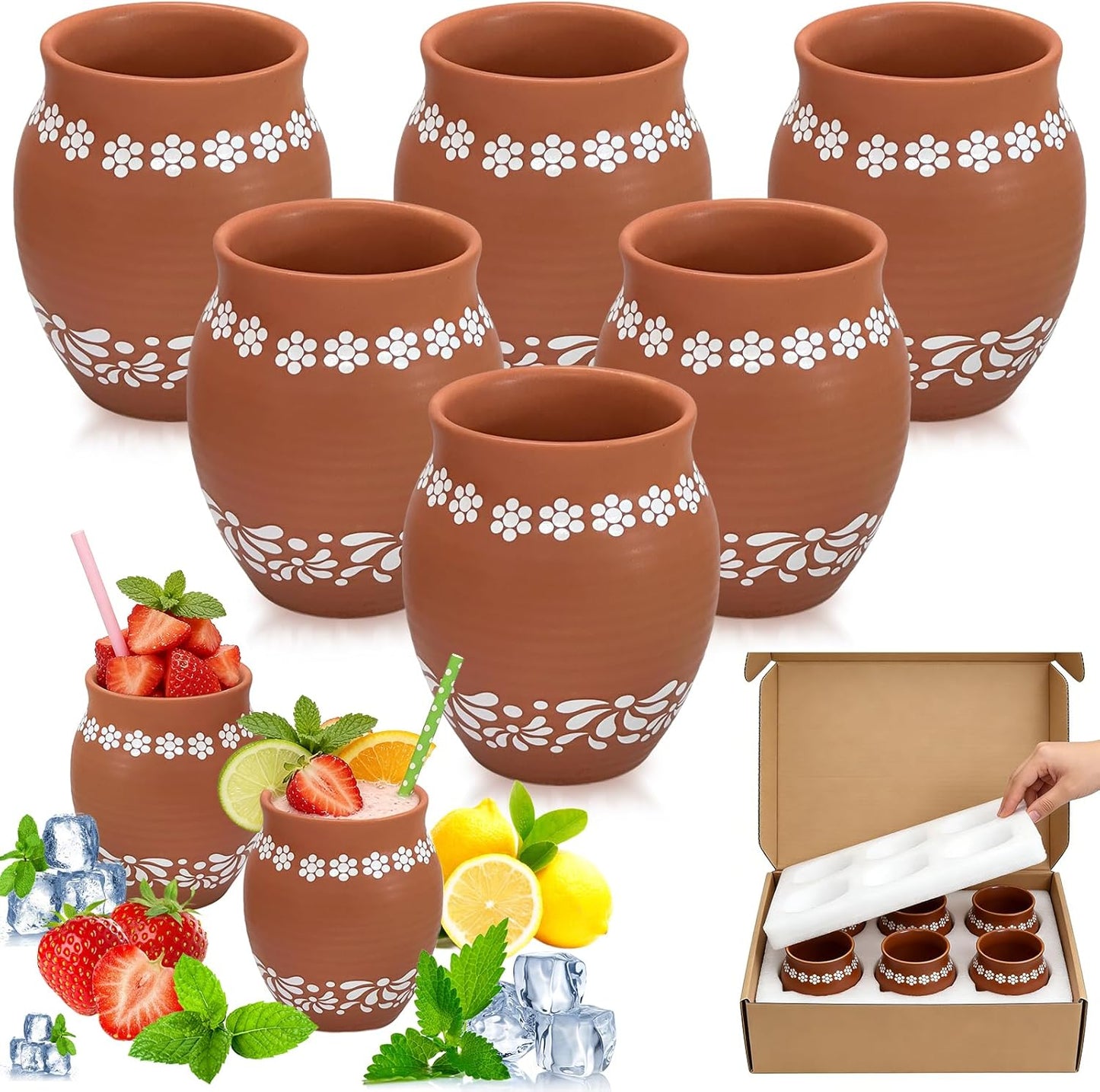 Mexican Style Ceramic Small Vases, 6-Pack Pink Flower Pots with Hand-Painted Daisy & Leaf Patterns, 16oz Decorative Vases for Home Decor, Party Centerpieces, Succulents & Crafts (Brown)