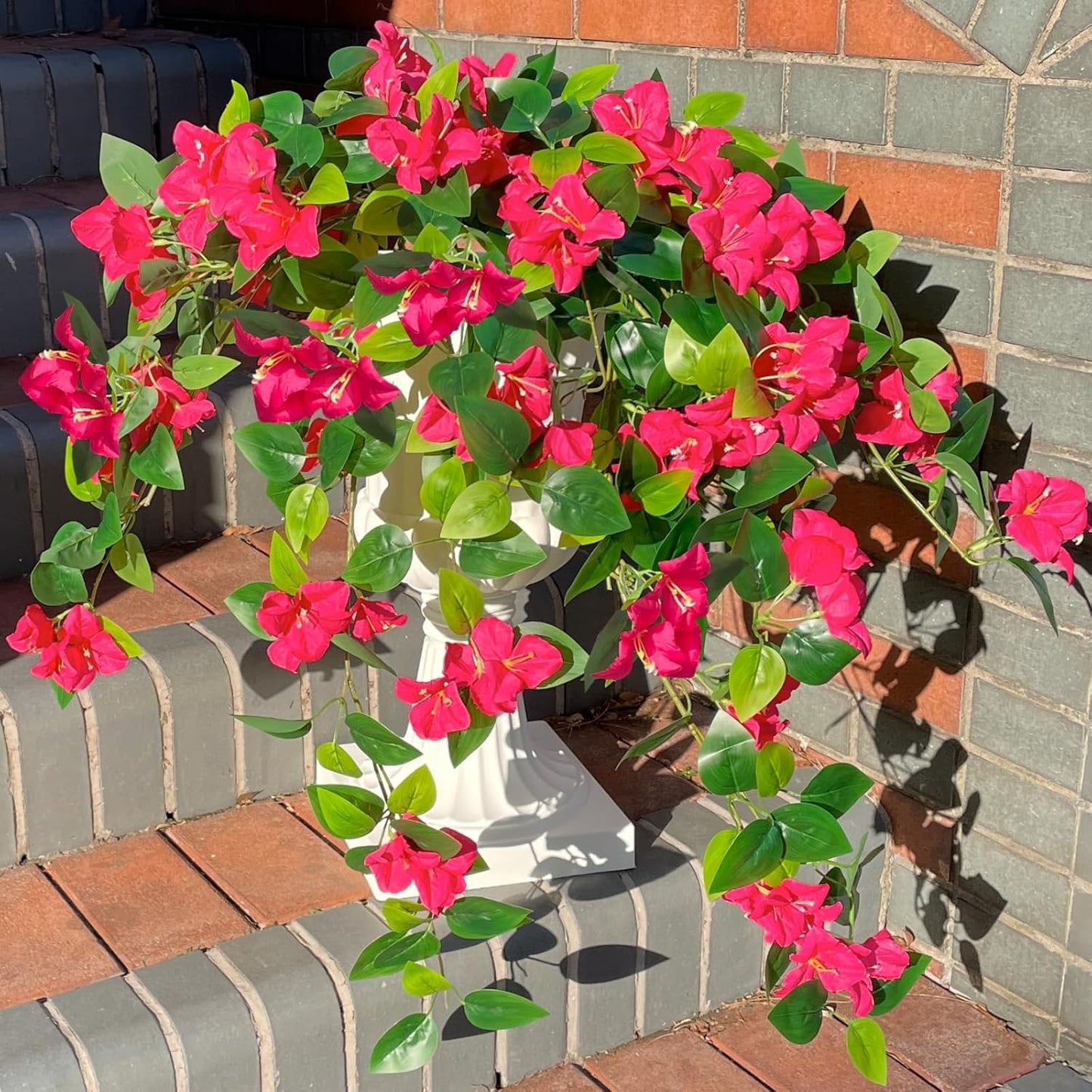 Artificial Faux Bougainvillea Flowers Plants for Outdoor Outside UV Resistant, 2 PCS Fake Silk Long Hotpink Hanging Vines Realistic Look Real for Spring Porch Planter Pot Patio Balcony Yard Decoration