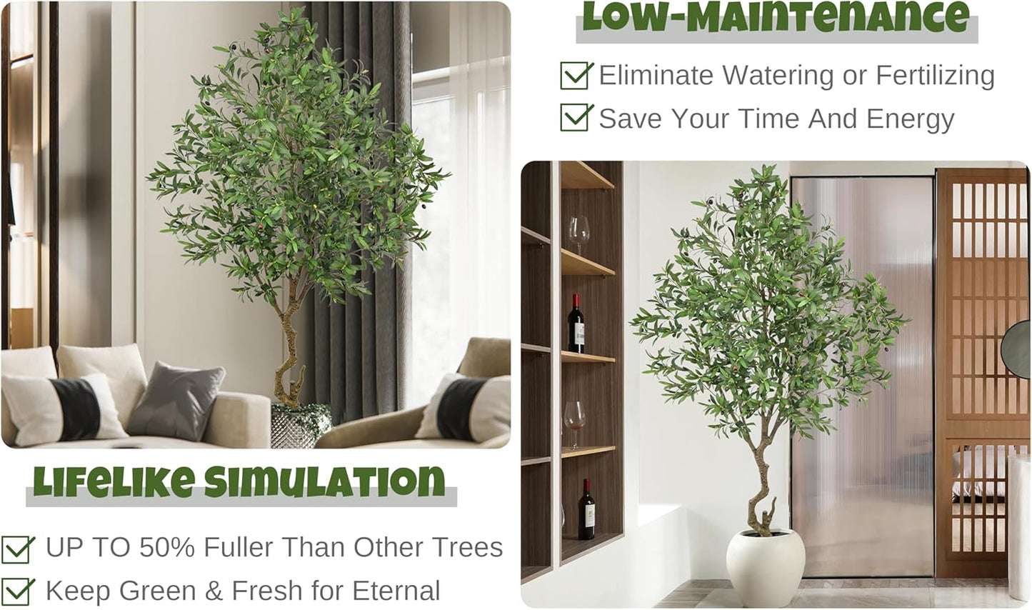 Artificial Olive Tree 8FT with 2190 Leaves & White Planter Realistic Tall Large Fake Faux Silk Plant 94 Inch for Indoor Home Office Porch Mall Restaurant Hotel School Decor Housewarming Gift