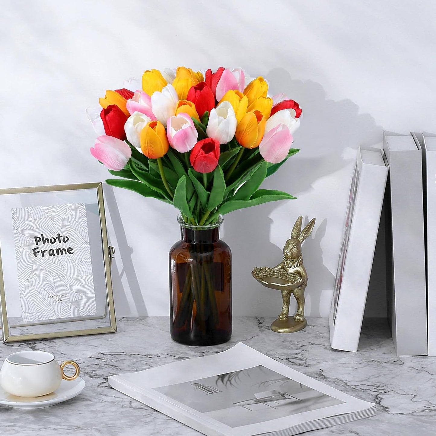 SITUMEIZI Fake Flowers Tulips Artificial Flower 15pcs Real Touch PU 14" for Spring Easter Home Kitchen Wedding Bouquet Bulk Mother's Gift Day Decorations(Assorted Colors,5)