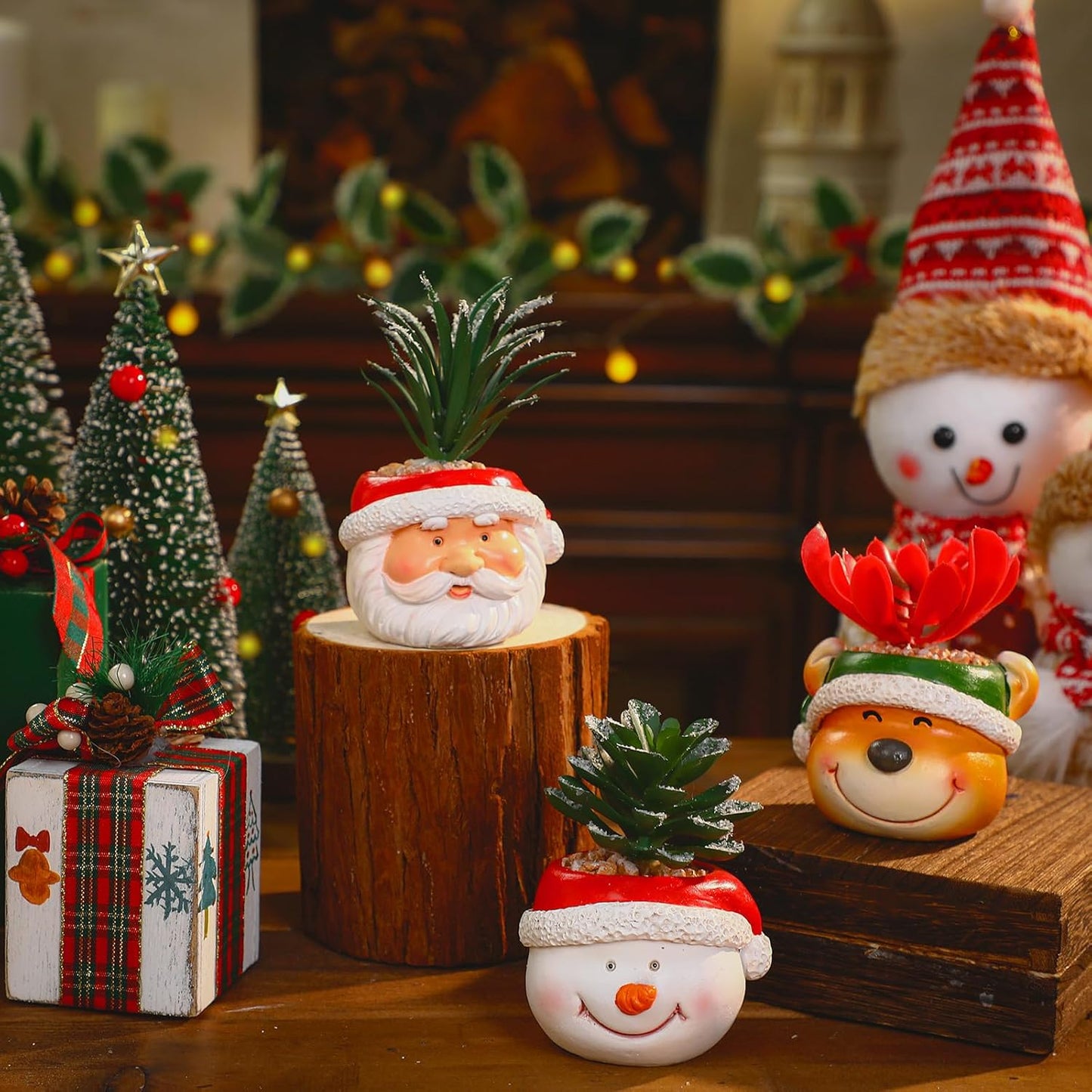 3 Pcs Christmas Artificial Succulent Plants in Pots Resin Mini Fake Flower Planter Santa Reindeer Snowman 4.5 Inch Small Faux Pot Plants Christmas Decorations for Home Indoor Decor