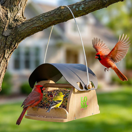 LONA Wooden Bird Feeder for Outdoors Hanging, Large Capacity Hopper with Weatherproof Roof Birdfeeder for Feeding Outside Garden Wild Birds Cardinals Finches Robin Sparrow Blue Jay Chickadees