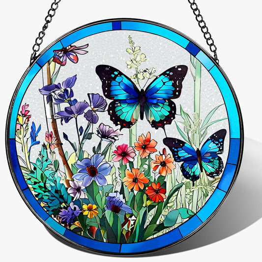 Stained Glass Window Hanging, 8 Inch Butterfly Sun Catchers Indoor Win