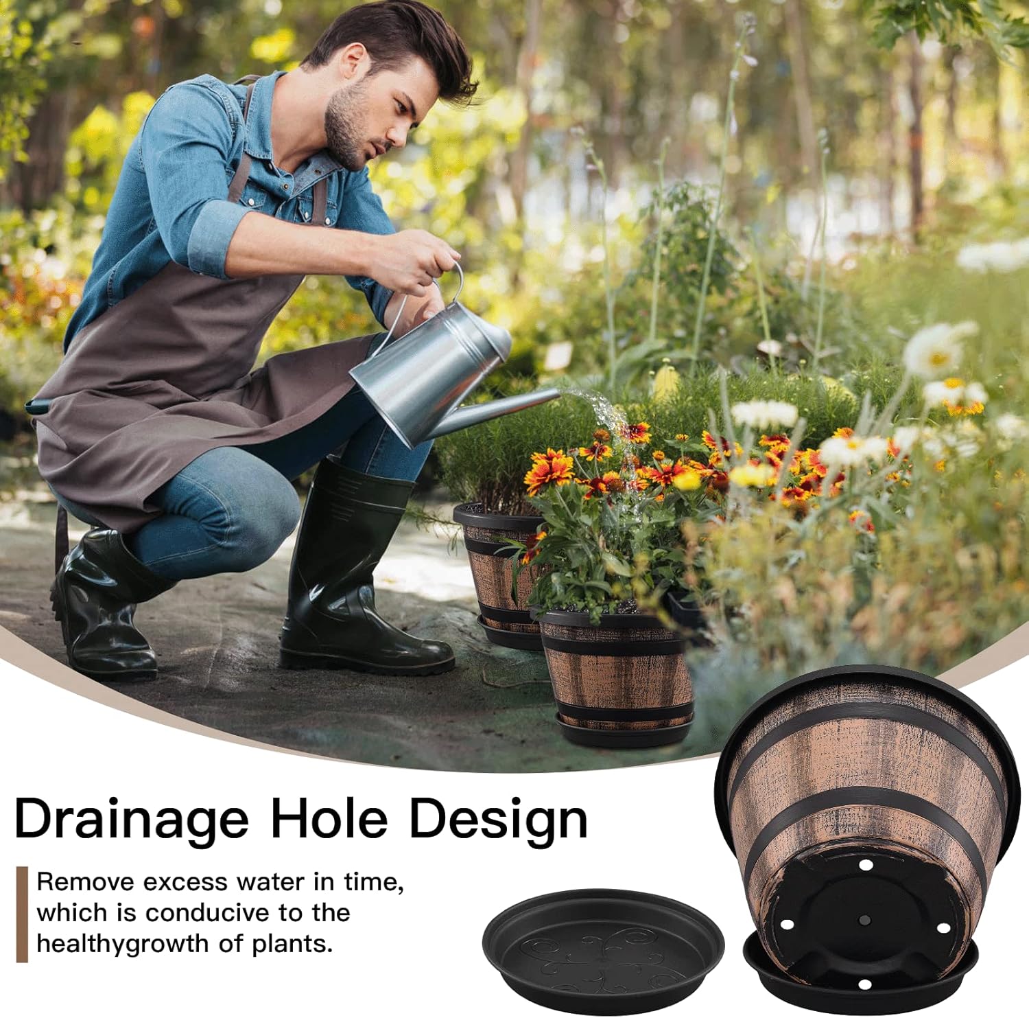 Quarut 3 Pack 10 inch Plant Pots,Whiskey Barrel Planters with Drainage