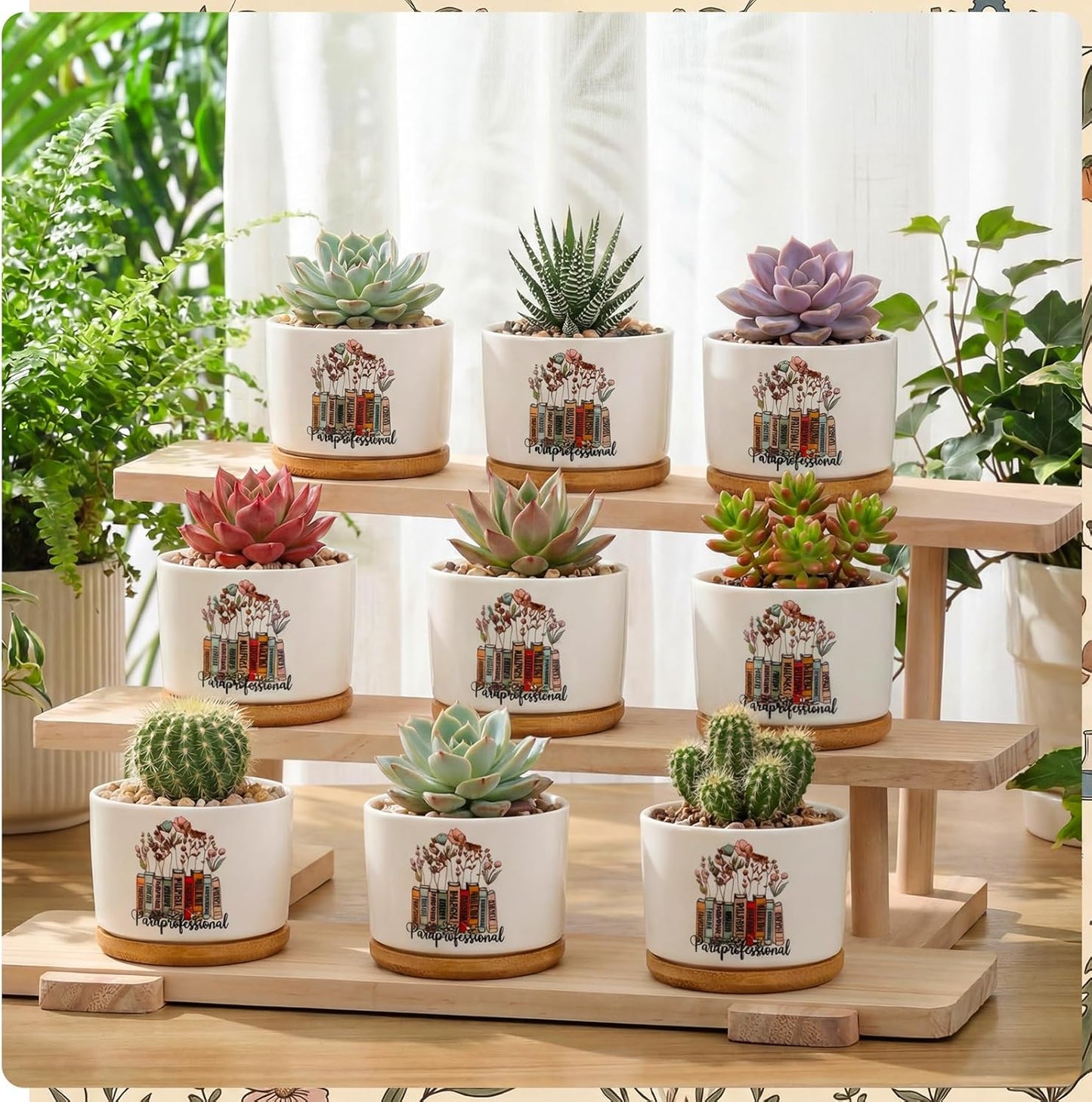 12 Pcs Paraprofessional Appreciation Gifts Succulent Planter Pots Ceramic Mini with Bamboo Trays Bulk for Coworker Office Staff Birthday Graduation Gifts, Plants Excluded