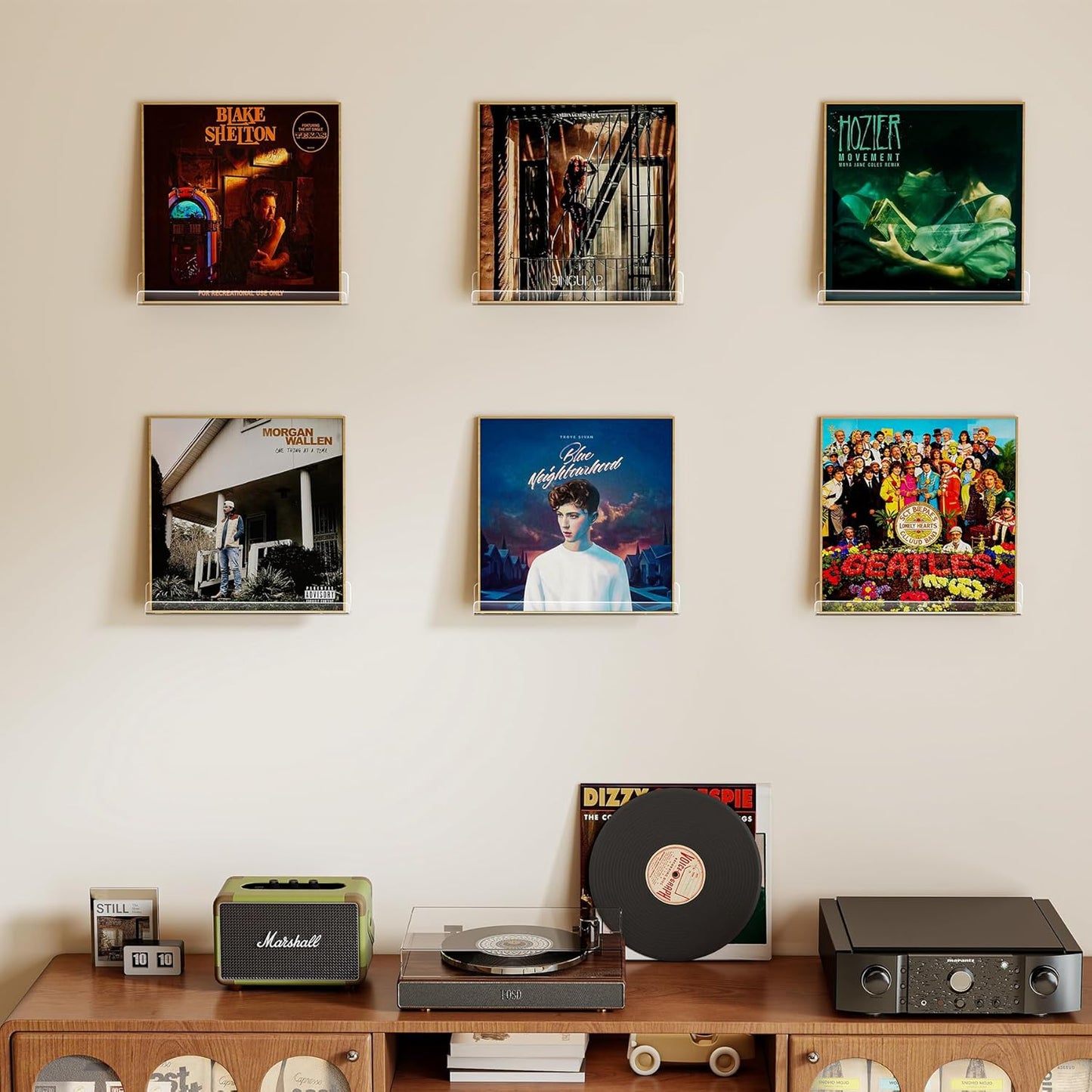 Vinyl Record Shelf Wall Mount, 12 inch Clear Acrylic Album Record Holder Display, Floating Shelves for Wall, Magazine Shelf, Kids Bookshelf, Suitable for Bedroom, Living Room, etc.—6 Pack