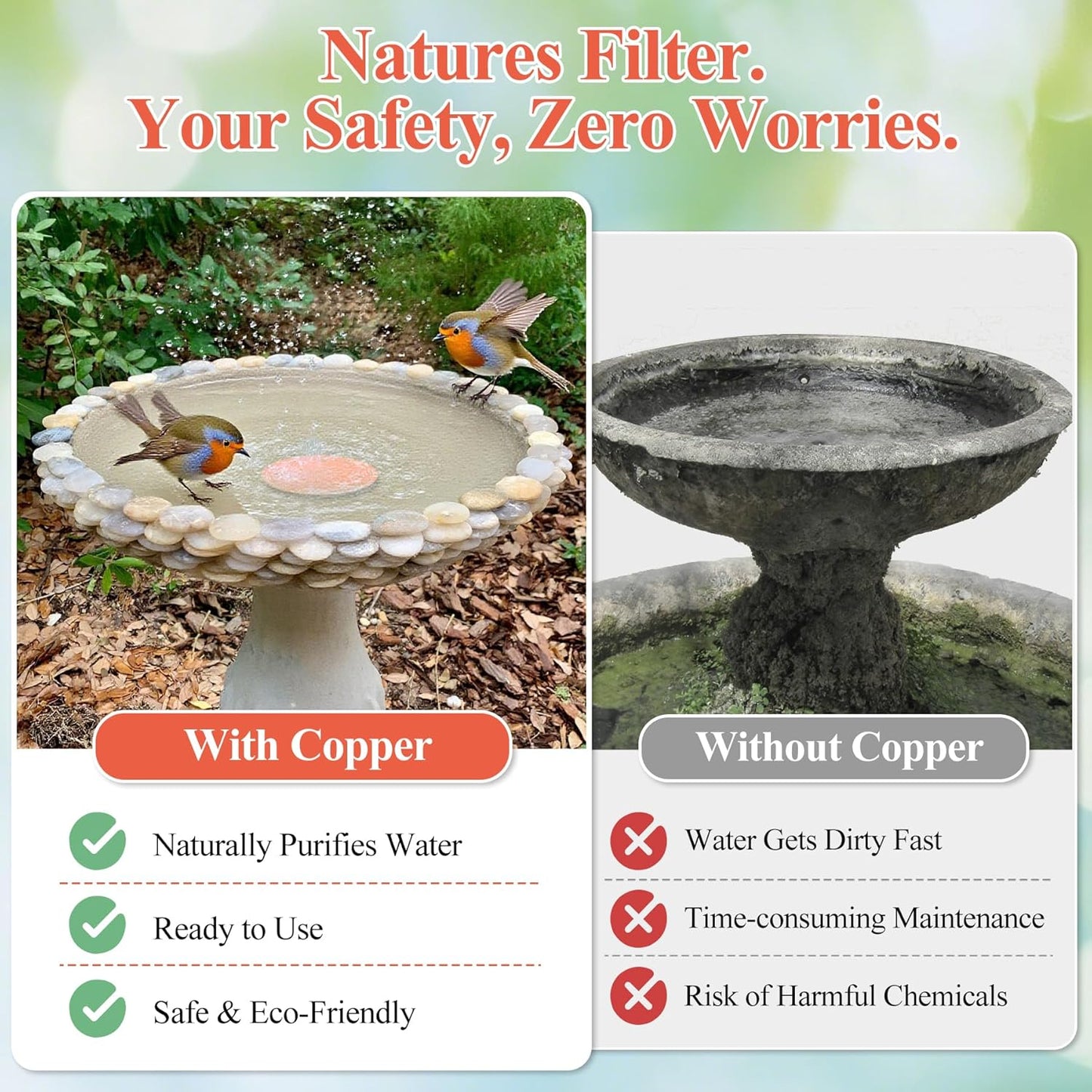 Bird Bath Copper Disk, Premium 99.99% Pure Copper, Less Cleaning Frequency, 0.6mm Pure Copper Cleaning Disk, Bird Bath Accessories, Physical Safe Water Purify Outdoor Bird Bowls
