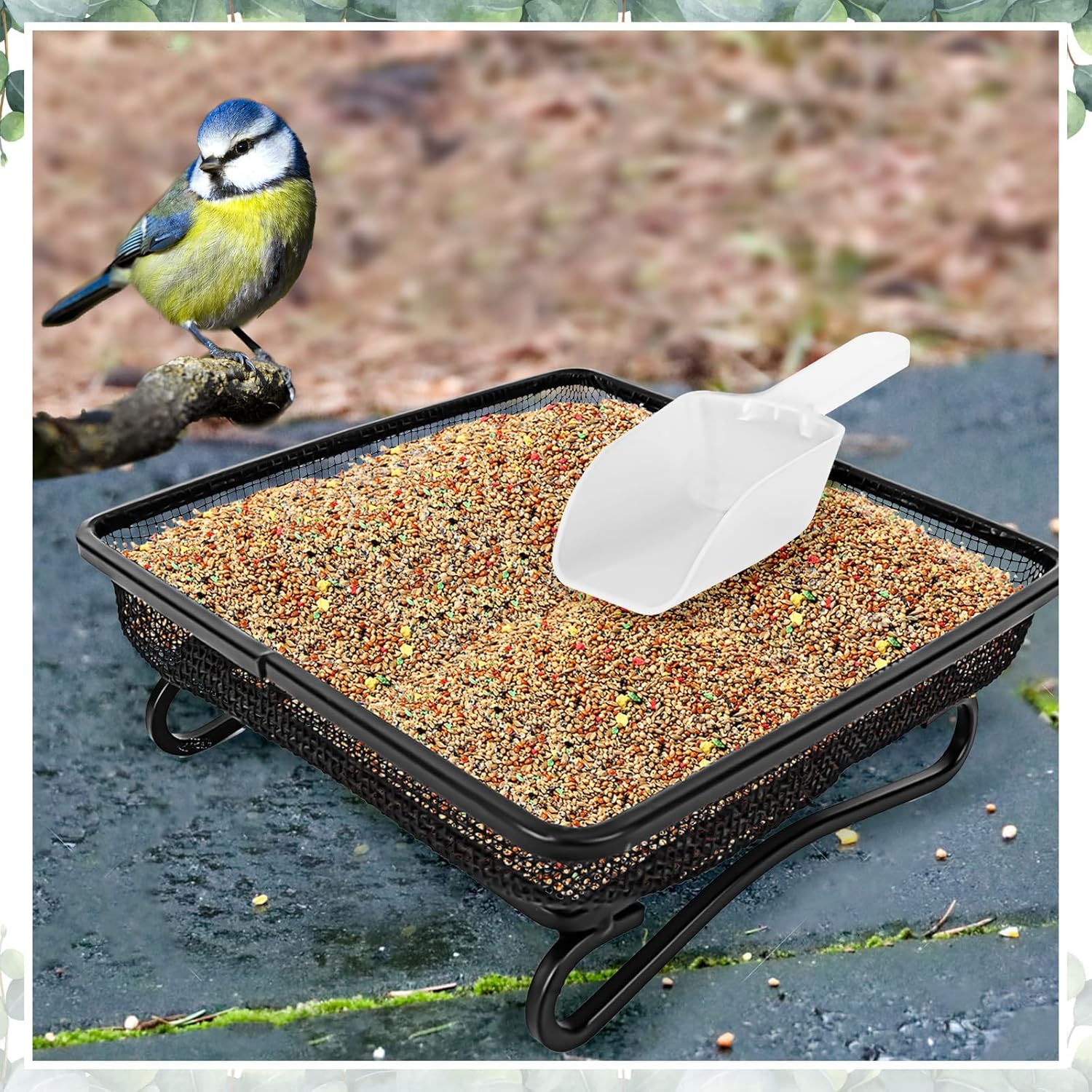 3 Pcs Platform Bird Feeder with Scoop, 6.7 x 6.7 x 2.2 in Ground Bird 