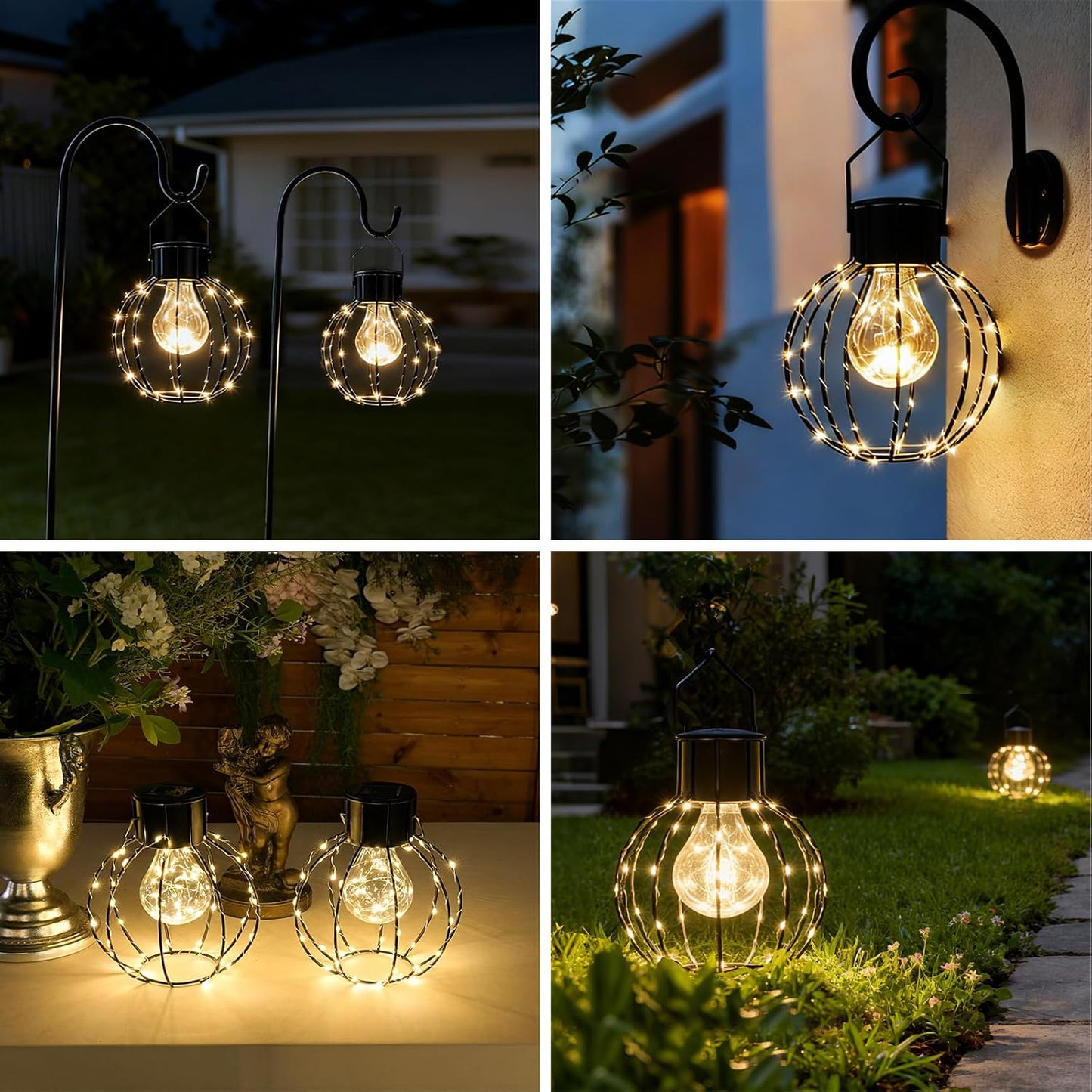 Hanging Solar Chandelier Lights, 8.19" Large Solar Pendant Lights Outdoor Waterproof with Warm White Bulb&String LED Inside, Decor for Patio, Garden, Yard, Pergola, Christmas, Camping, 2 Pack Gift Set