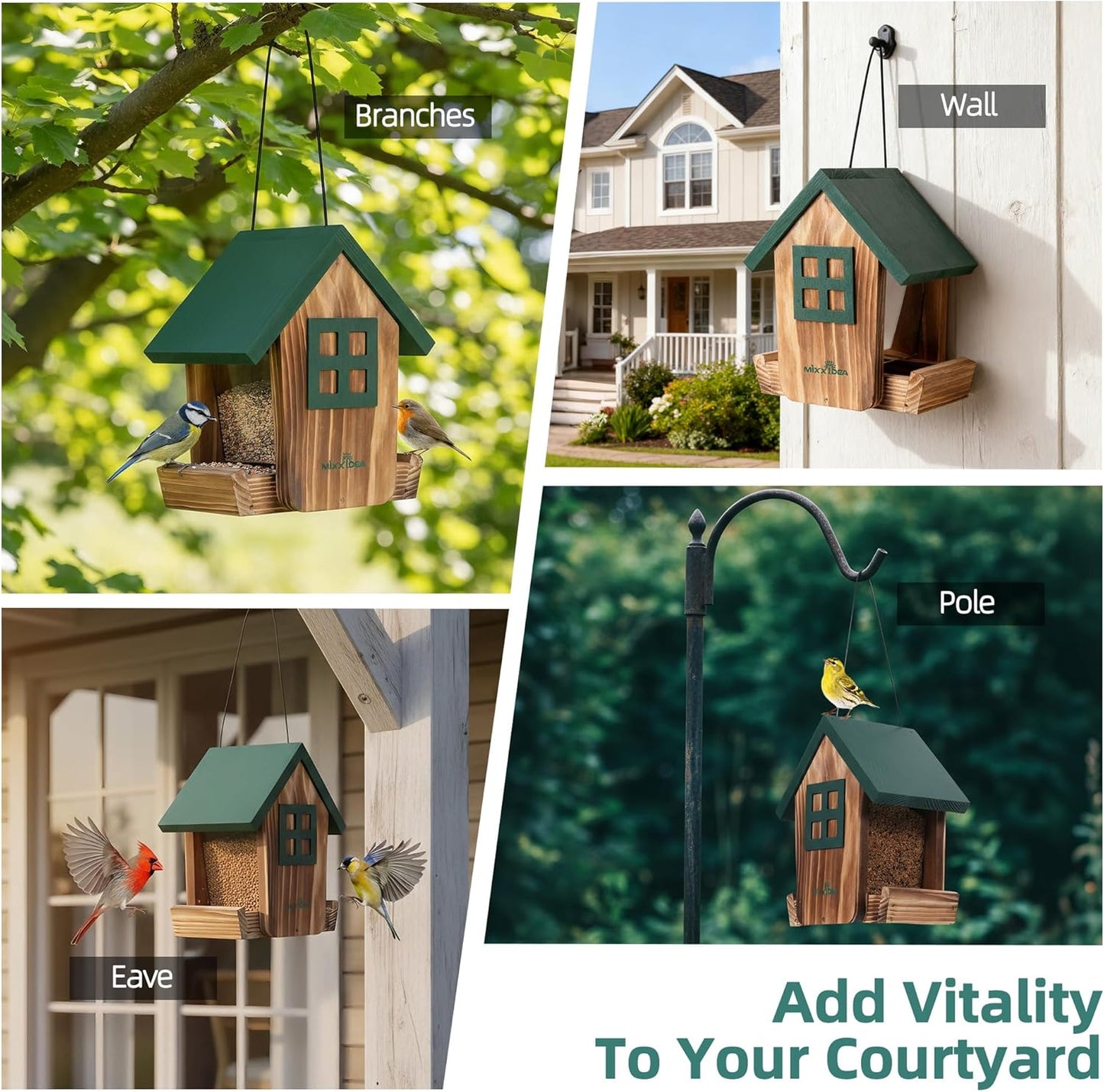 MIXXIDEA Bird Feeder for Outdoors Hanging, Wooden Bird Feeder House with Weatherproof Roof & Metal Tray, Attracting Wild Birds for Outside, Yard, Garden Decoration, Green