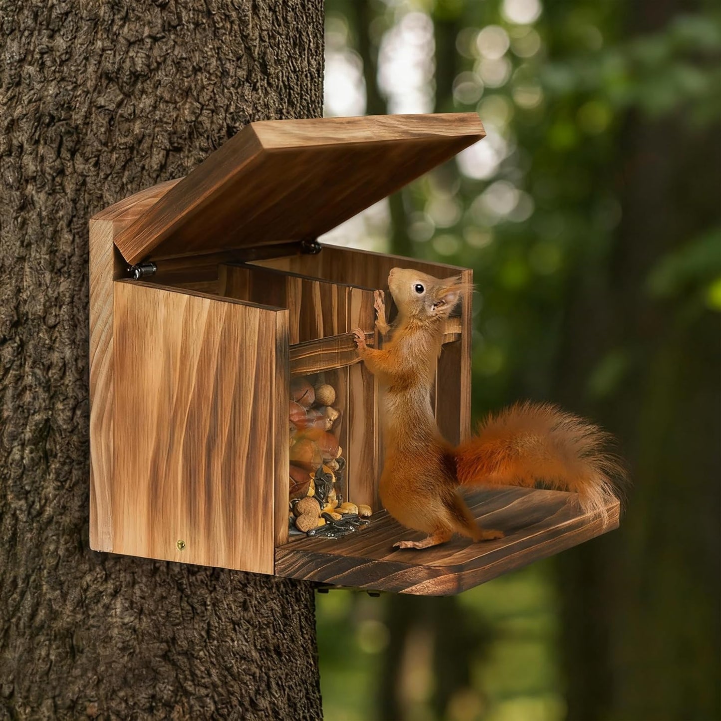 MIXXIDEA Large Squirrel Feeder House, Wooden Squirrel Feeders for Outside, Chipmunk Feeder Made of Thick Wood, No Assembly Required (Brown)