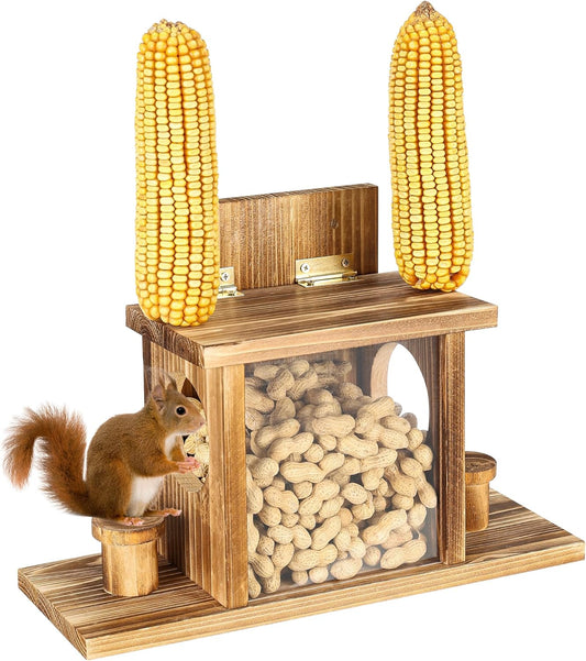 Carbonized Squirrel Feeders for Outside, Funny Chipmunk Feeder, Easy Filling & Cleaning with Removable Front Panel, Durable Outdoor House Box, Attracts Squirrel & Chipmunk