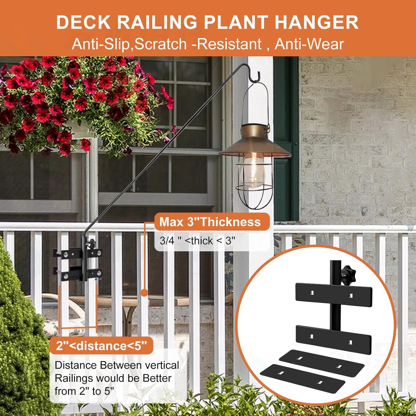 29-43 Inch Adjustable Deck Railing Hook – Heavy Duty Bird Feeder Hanger with Double Clamps, Rotating Shepherd Hook for Outdoor Plants, Lanterns & Wind Chimes