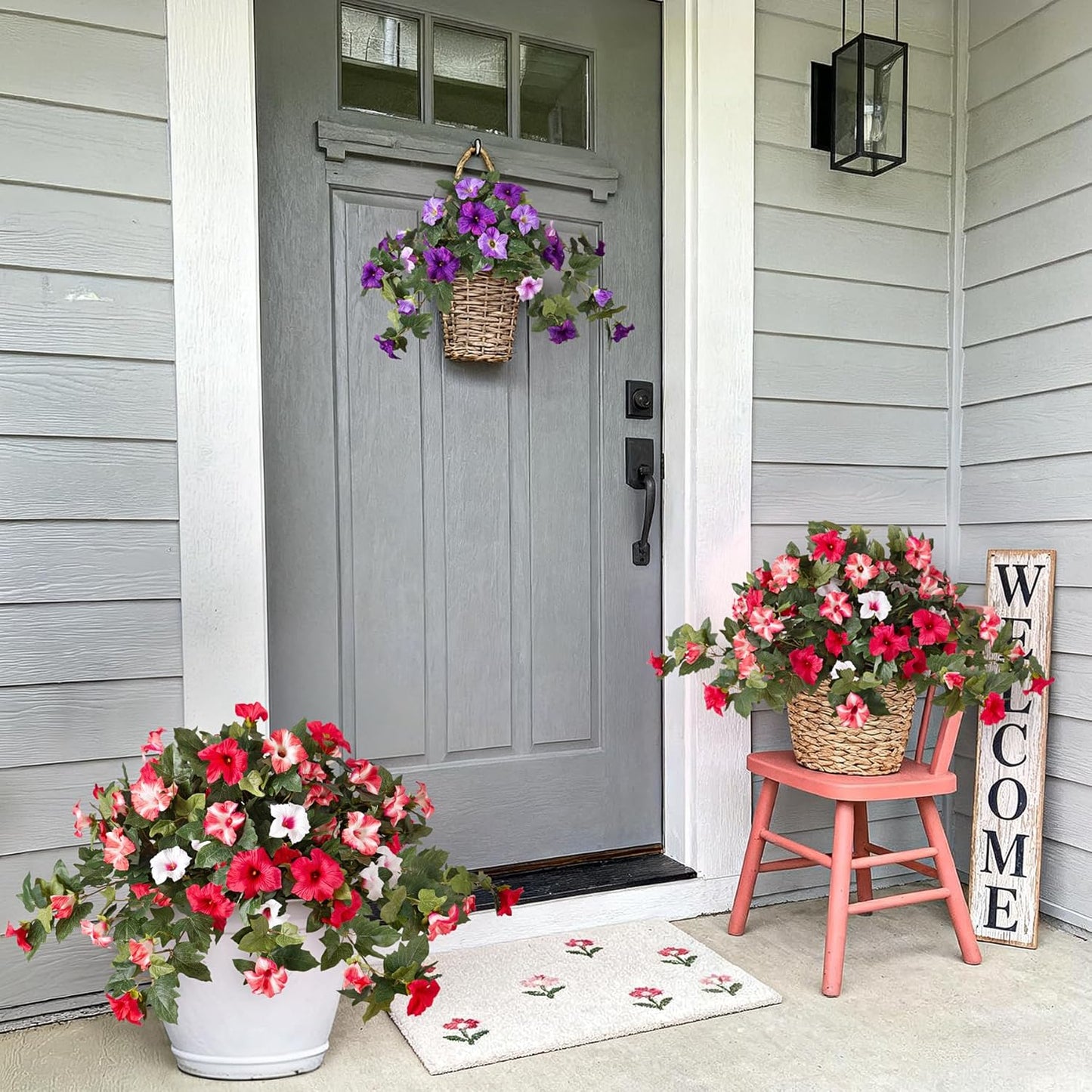 2PCS Artificial Petunia Flowers for Outdoors, Fake Flowers for Outdoor Planters UV Resistant Faux Silk Petunias for Garden Porch Yard Balcony Patio Realistic Home Kitchen Decor(Red Pink White)
