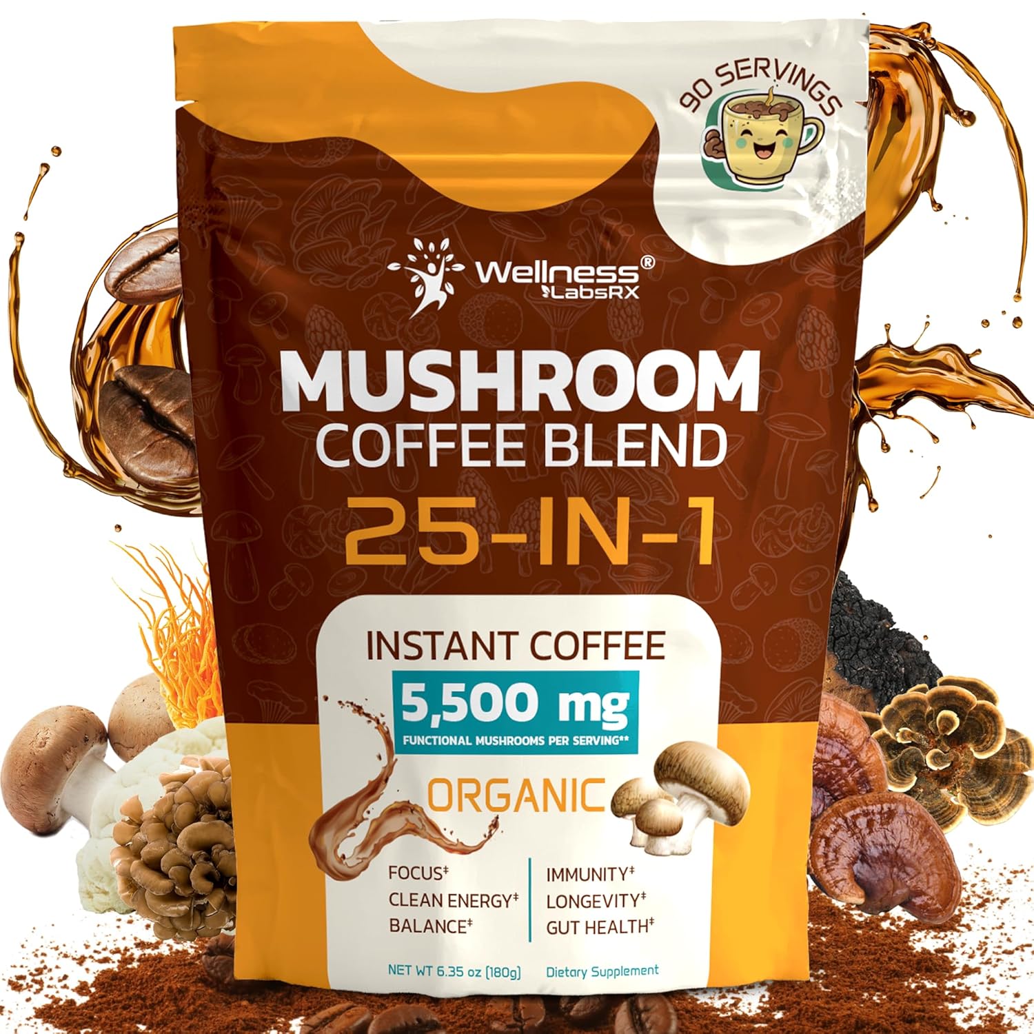 Mushroom Coffee Organic Instant Coffee, 25-in-1, Third-Party Tested Ke
