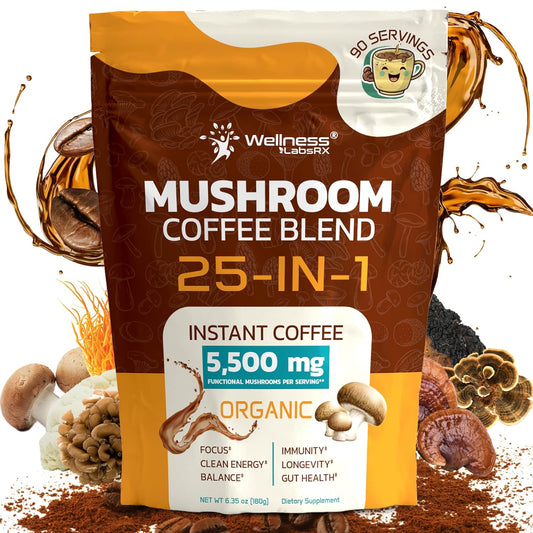 Mushroom Coffee Organic Instant Coffee, 25-in-1, Third-Party Tested Ke