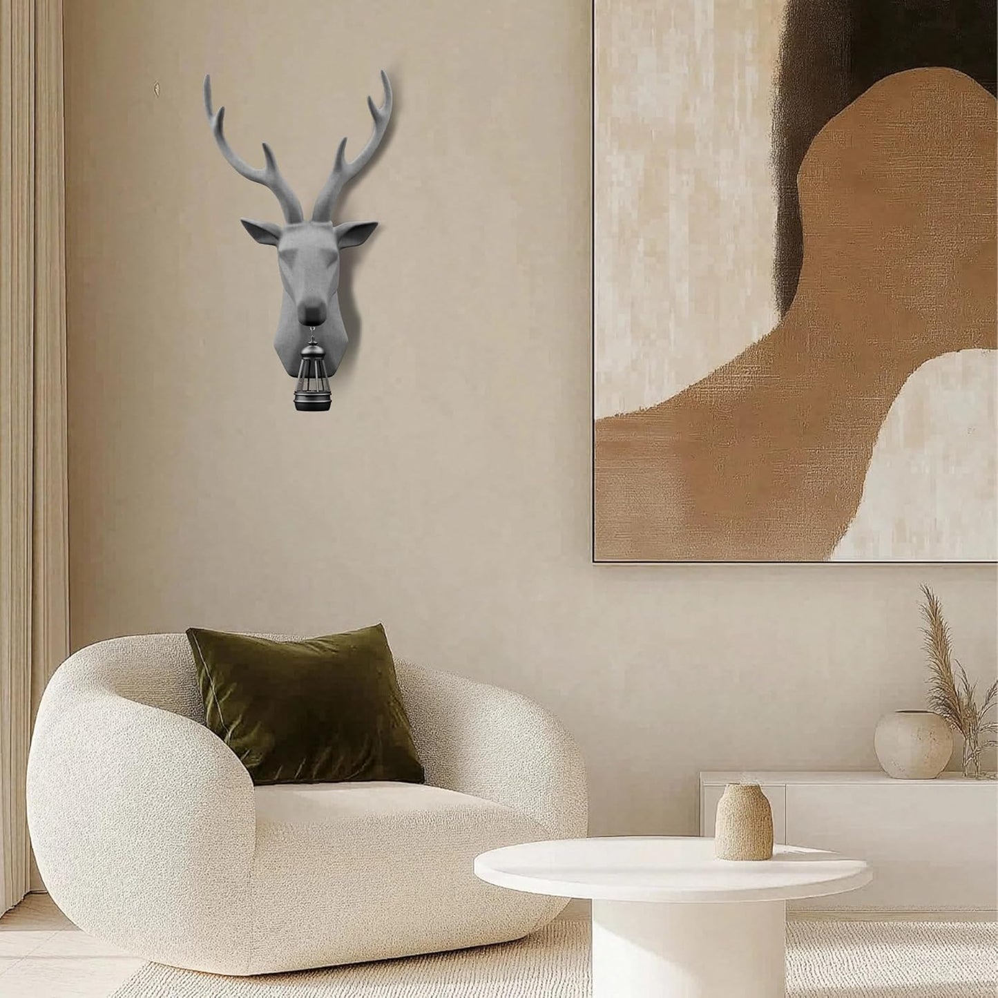 Deer Head Wall Mount with Solar Light, Waterproof Resin Material, Animal Head Wall Decor for Living Room Doorway Garden Gallery Studio Easy Assembly, Unique Gift Idea (Grey-1)