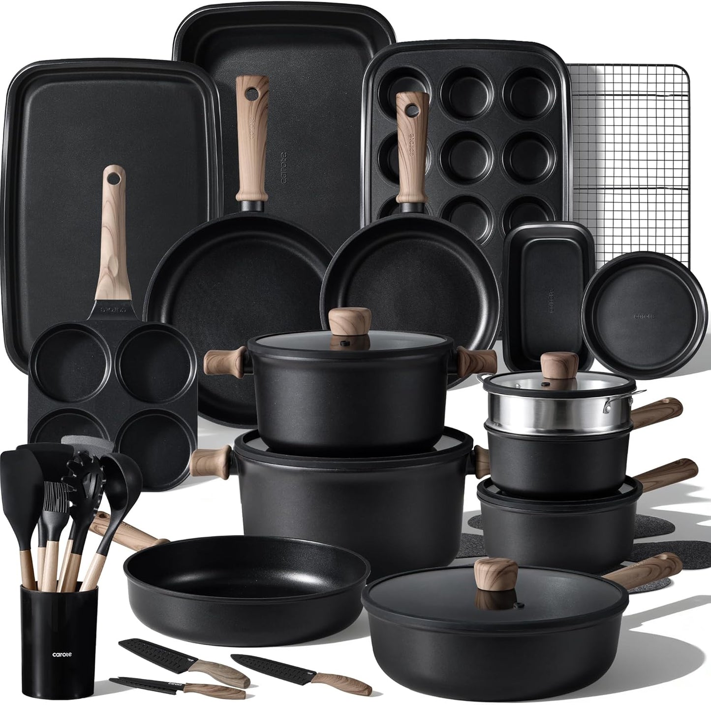 CAROTE 44pcs Nonstick Kitchen Titanium Cookware Sets, Nonstick Pots an