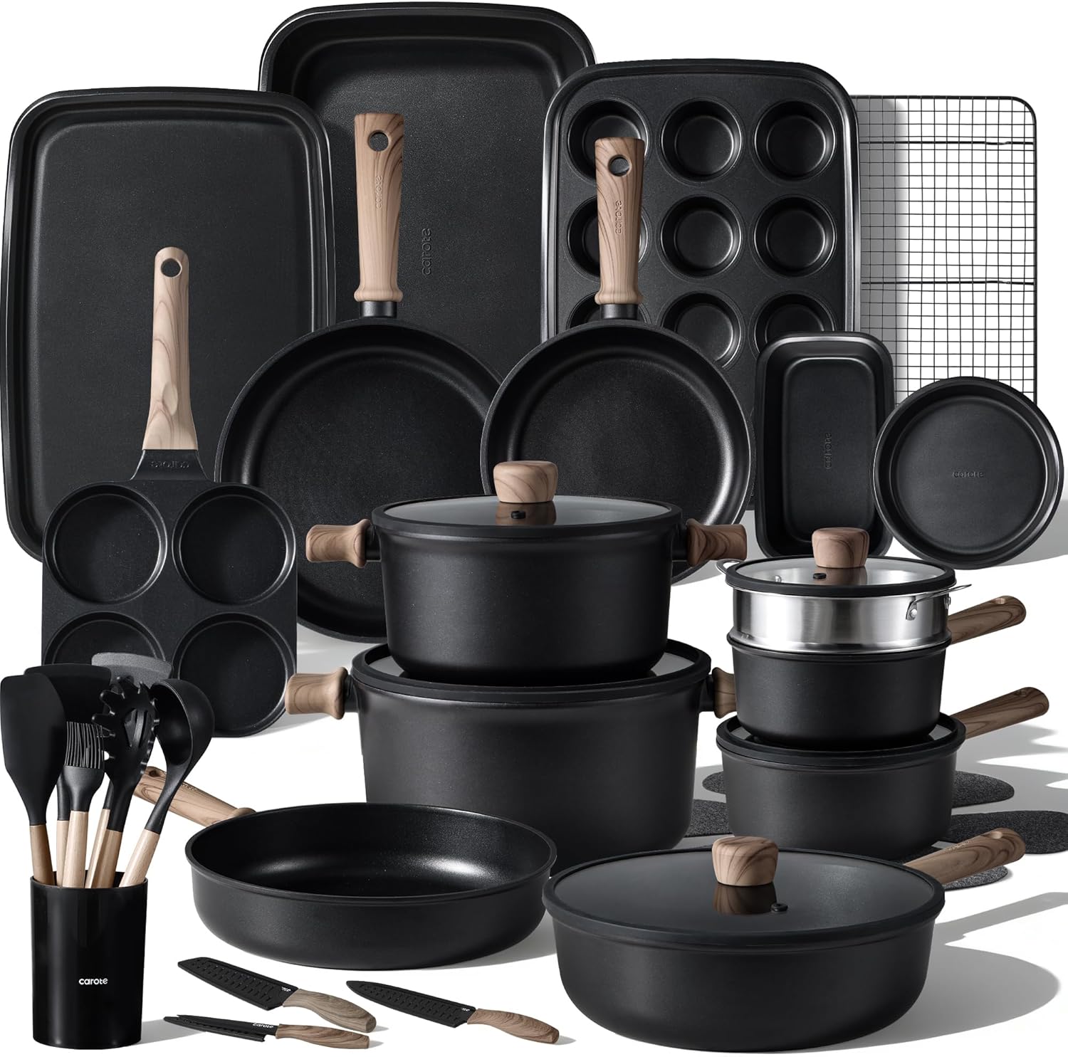 CAROTE 44pcs Nonstick Kitchen Titanium Cookware Sets, Nonstick Pots an